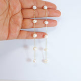 14k Gold 5 Freshwater Cultured pearl Bezel Earrings, Long Bridal Jewelry, Sterling Silver Pearl Bridal Earrings, Statement Earrings.