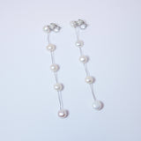 14k Gold 5 Freshwater Cultured pearl Bezel Earrings, Long Bridal Jewelry, Sterling Silver Pearl Bridal Earrings, Statement Earrings.