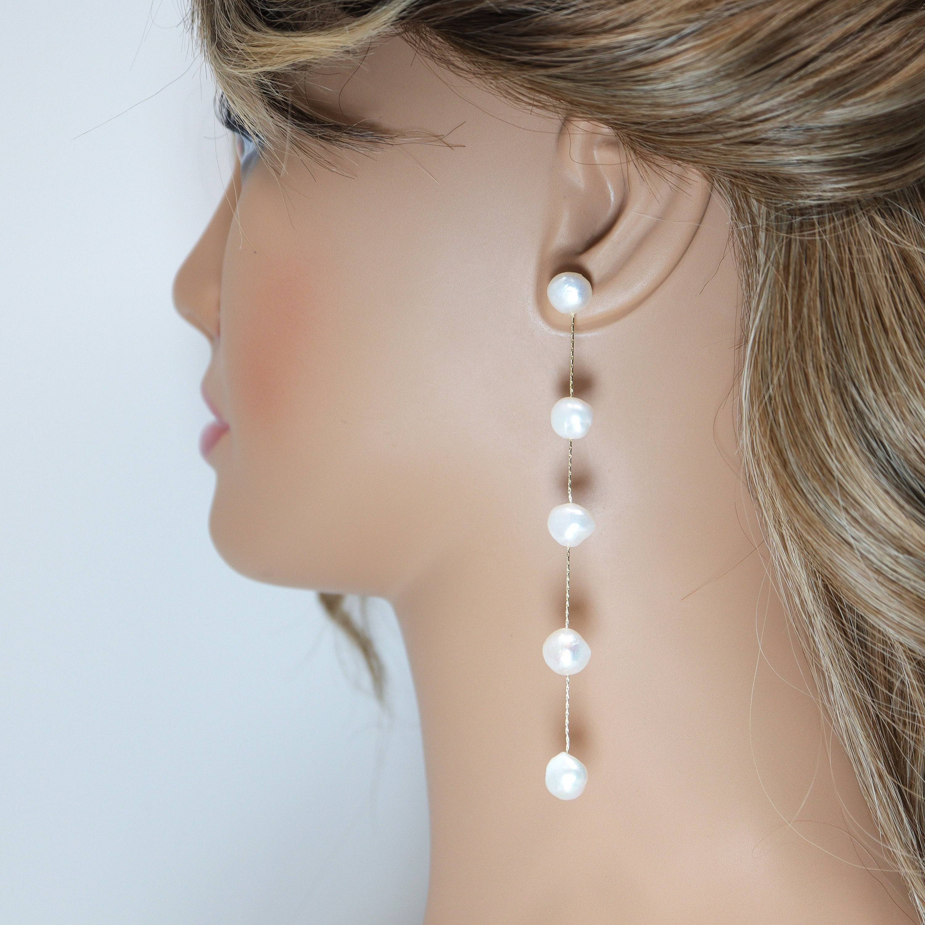 14k Gold 5 Freshwater Cultured pearl Bezel Earrings, Long Bridal Jewelry, Sterling Silver Pearl Bridal Earrings, Statement Earrings.