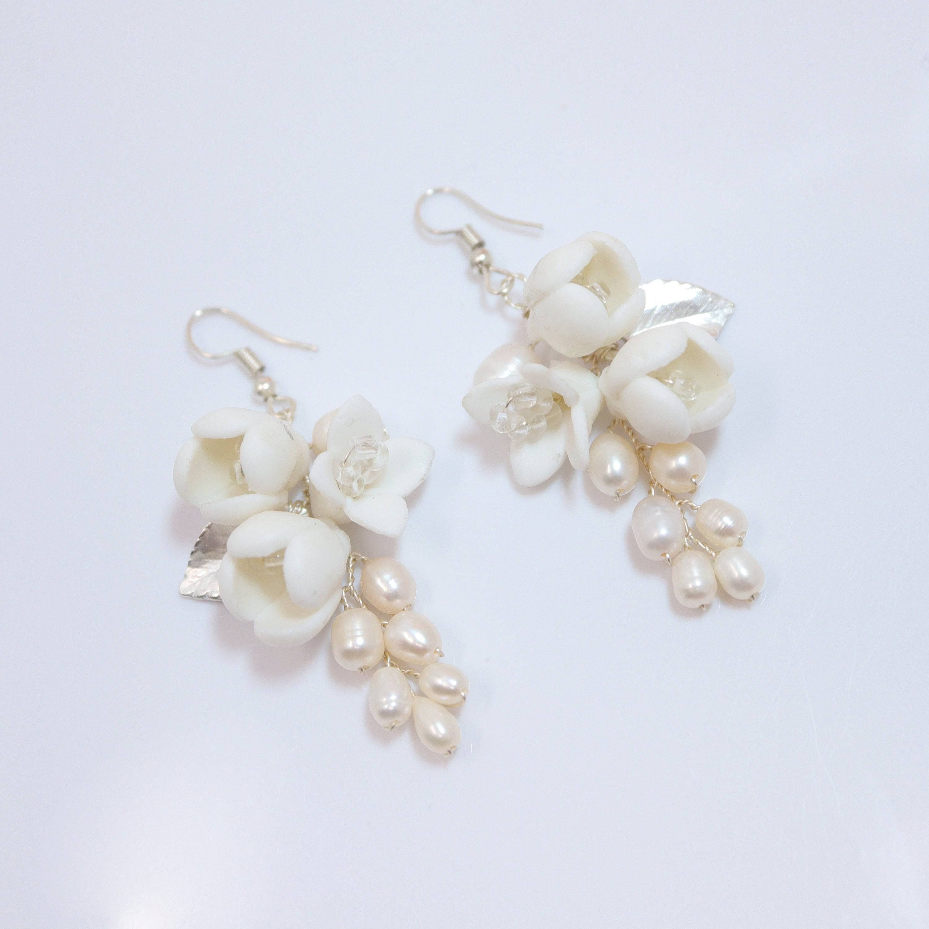 Freshwater Cultured Pearl Ceramic White Flower Dangle Earrings, Long Bridal Jewelry Opal Bridal Earrings Opal Statement Earrings