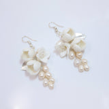 Freshwater Cultured Pearl Ceramic White Flower Dangle Earrings, Long Bridal Jewelry Opal Bridal Earrings Opal Statement Earrings