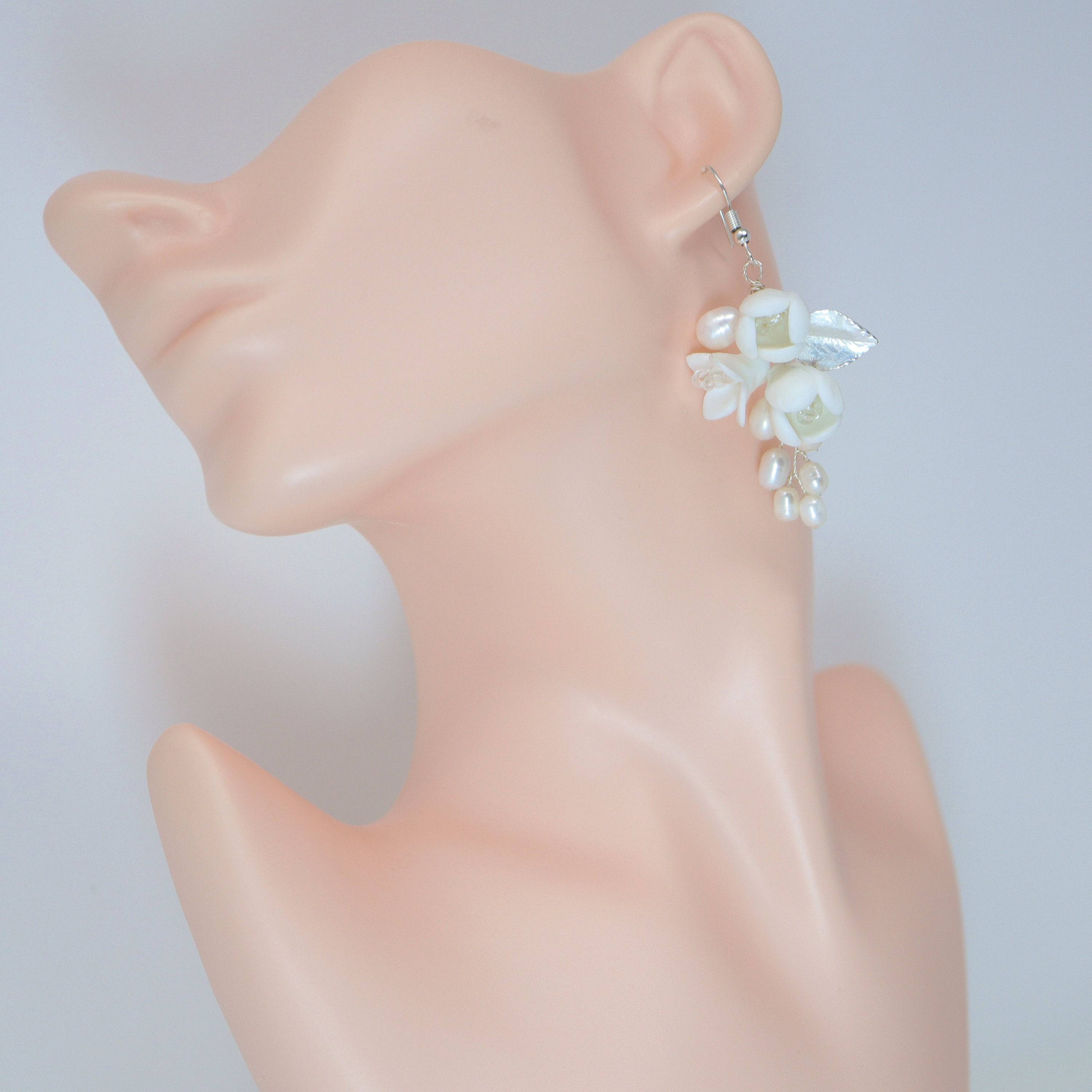Freshwater Cultured Pearl Ceramic White Flower Dangle Earrings, Long Bridal Jewelry Opal Bridal Earrings Opal Statement Earrings