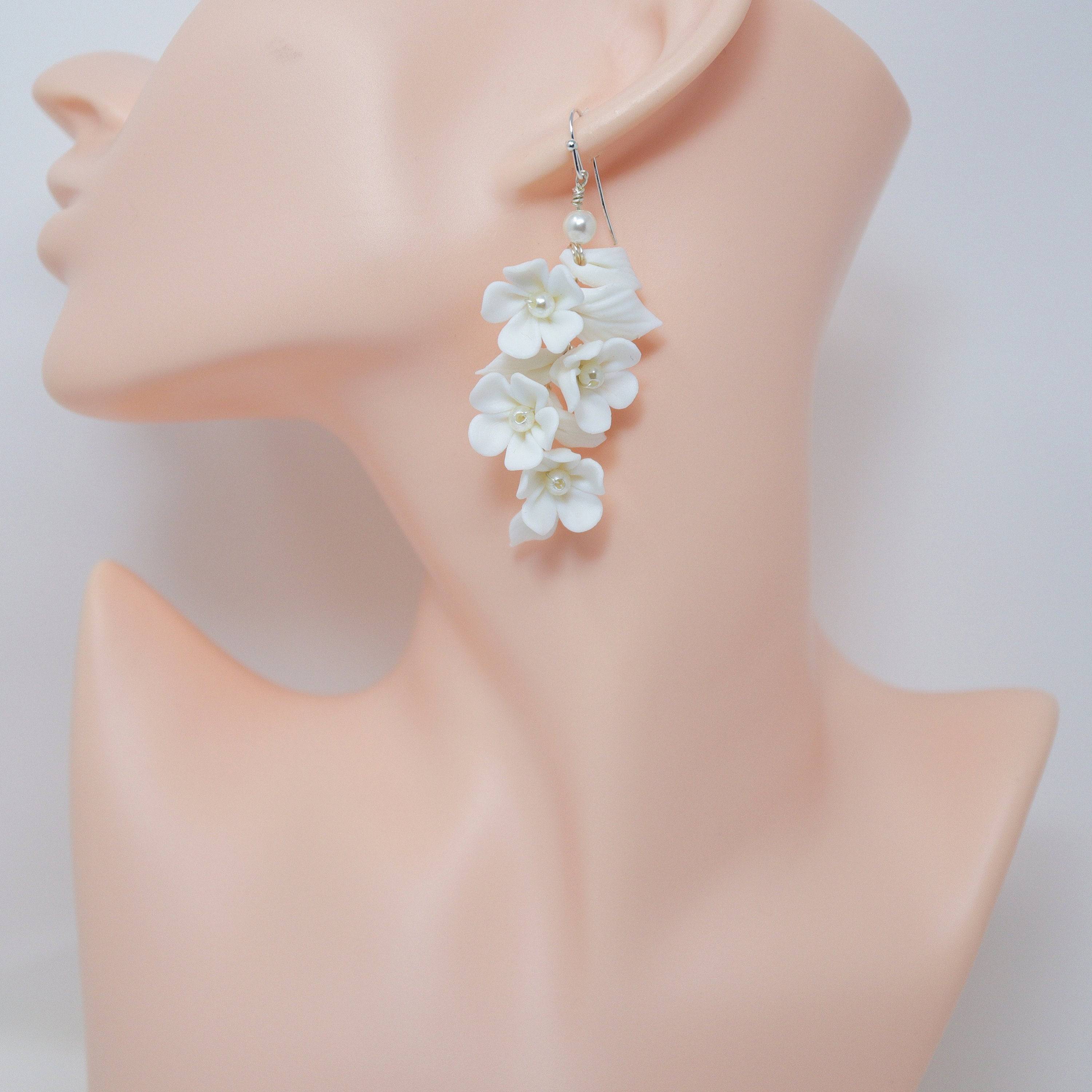White Flower Petals Pearl Earrings, Long Bridal Jewelry Bridal Earrings Crystal Bridal Earrings Statement Earrings Cz