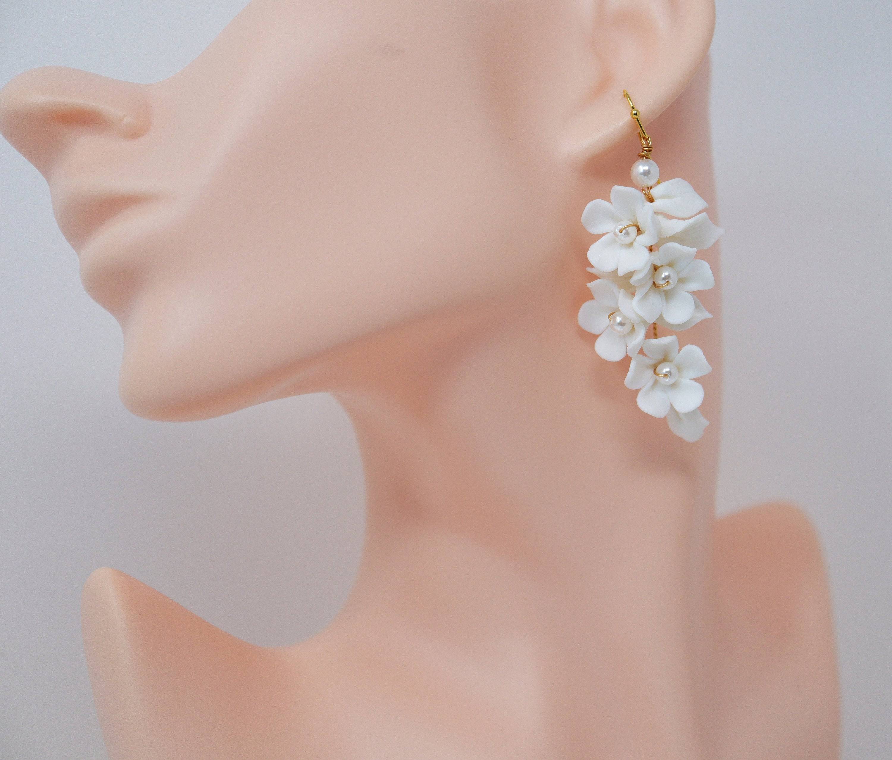 White Flower Petals Pearl Earrings, Long Bridal Jewelry Bridal Earrings Crystal Bridal Earrings Statement Earrings Cz
