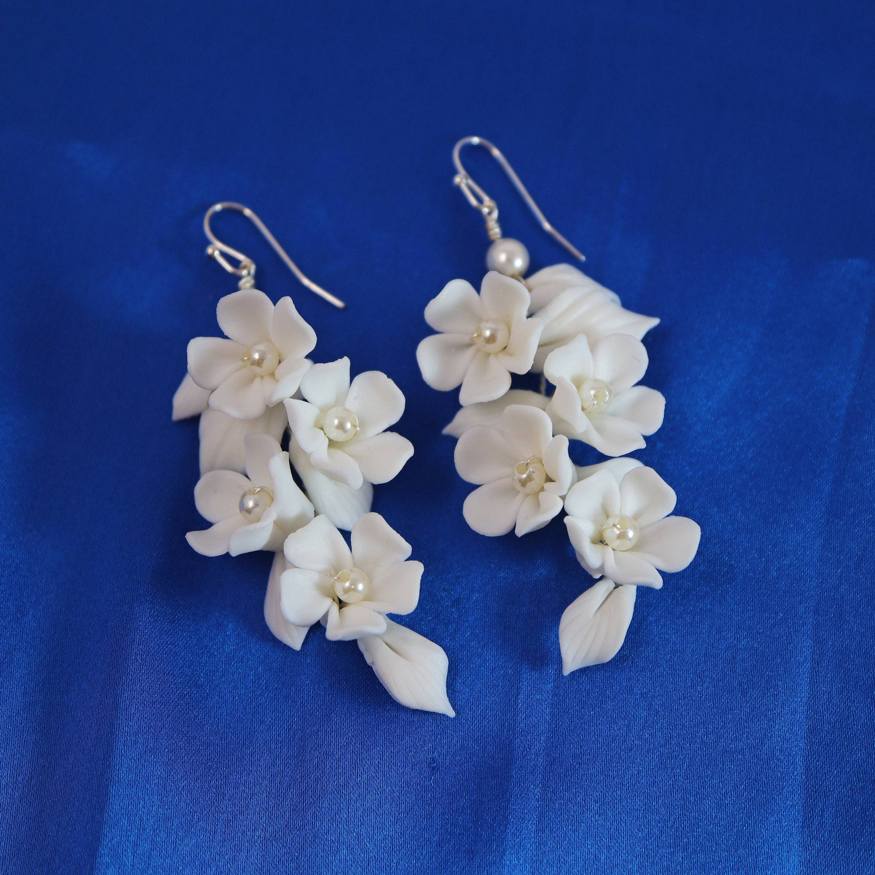 White Flower Petals Pearl Earrings, Long Bridal Jewelry Bridal Earrings Crystal Bridal Earrings Statement Earrings Cz