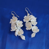 White Flower Petals Pearl Earrings, Long Bridal Jewelry Bridal Earrings Crystal Bridal Earrings Statement Earrings Cz