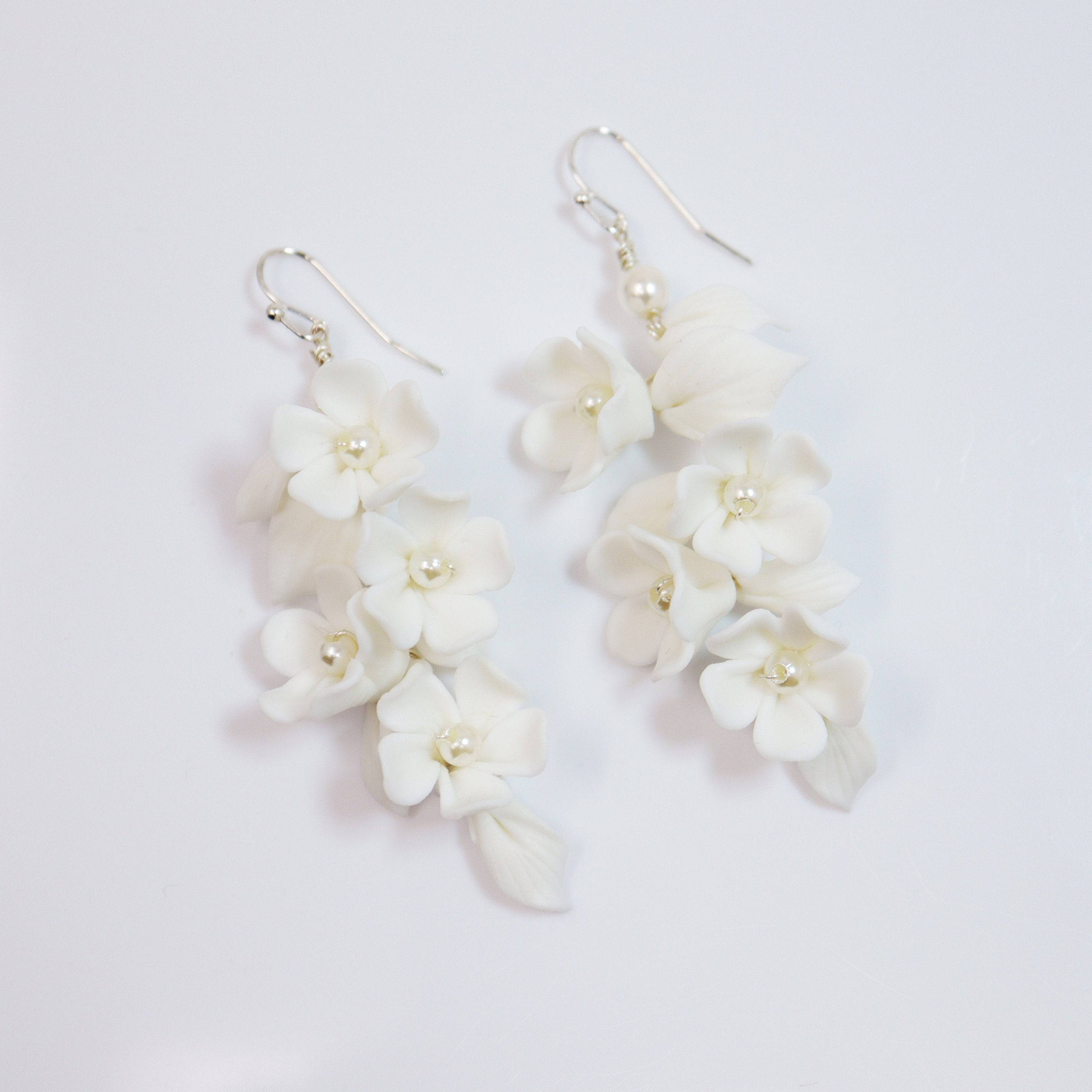 White Flower Petals Pearl Earrings, Long Bridal Jewelry Bridal Earrings Crystal Bridal Earrings Statement Earrings Cz