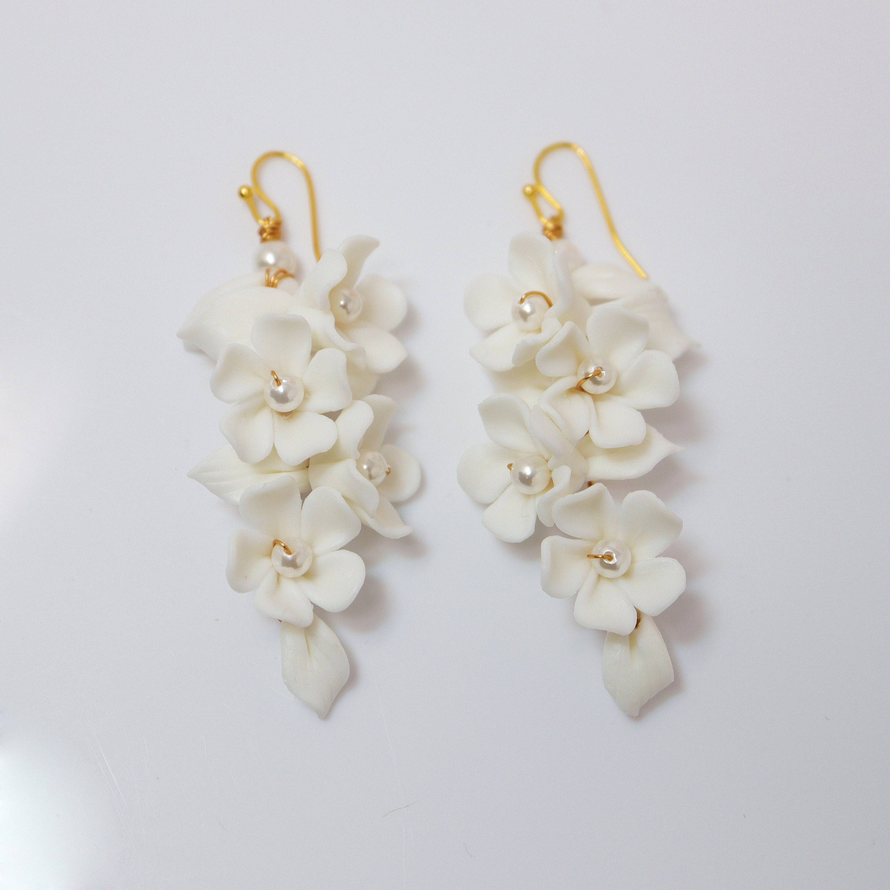 White Flower Petals Pearl Earrings, Long Bridal Jewelry Bridal Earrings Crystal Bridal Earrings Statement Earrings Cz