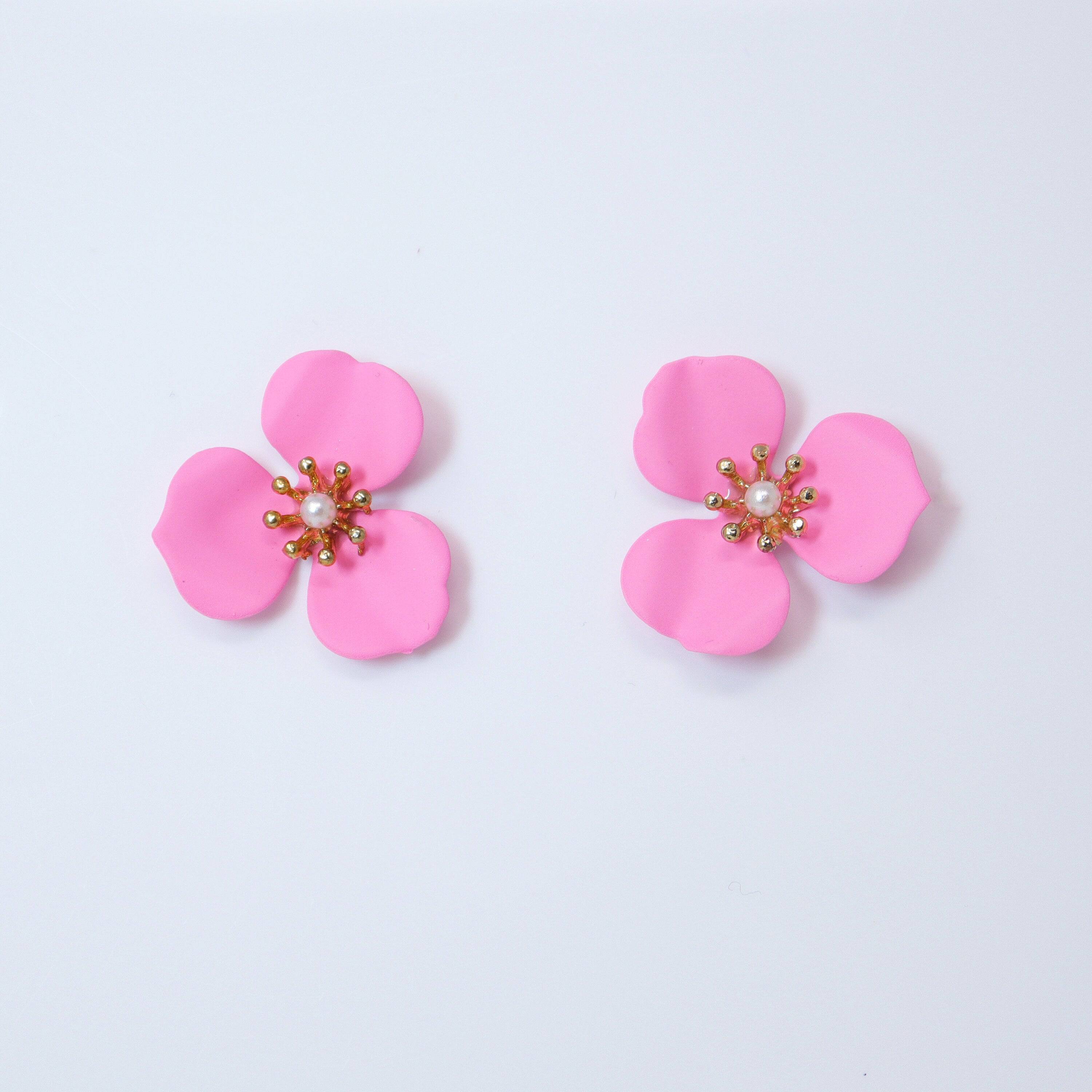 Three Petal Pink Flower Pearl Earrings, Bridal Jewelry, Bridal Stud Earrings, Bridal Earrings, Statement Earrings, Bridesmaid Earring.