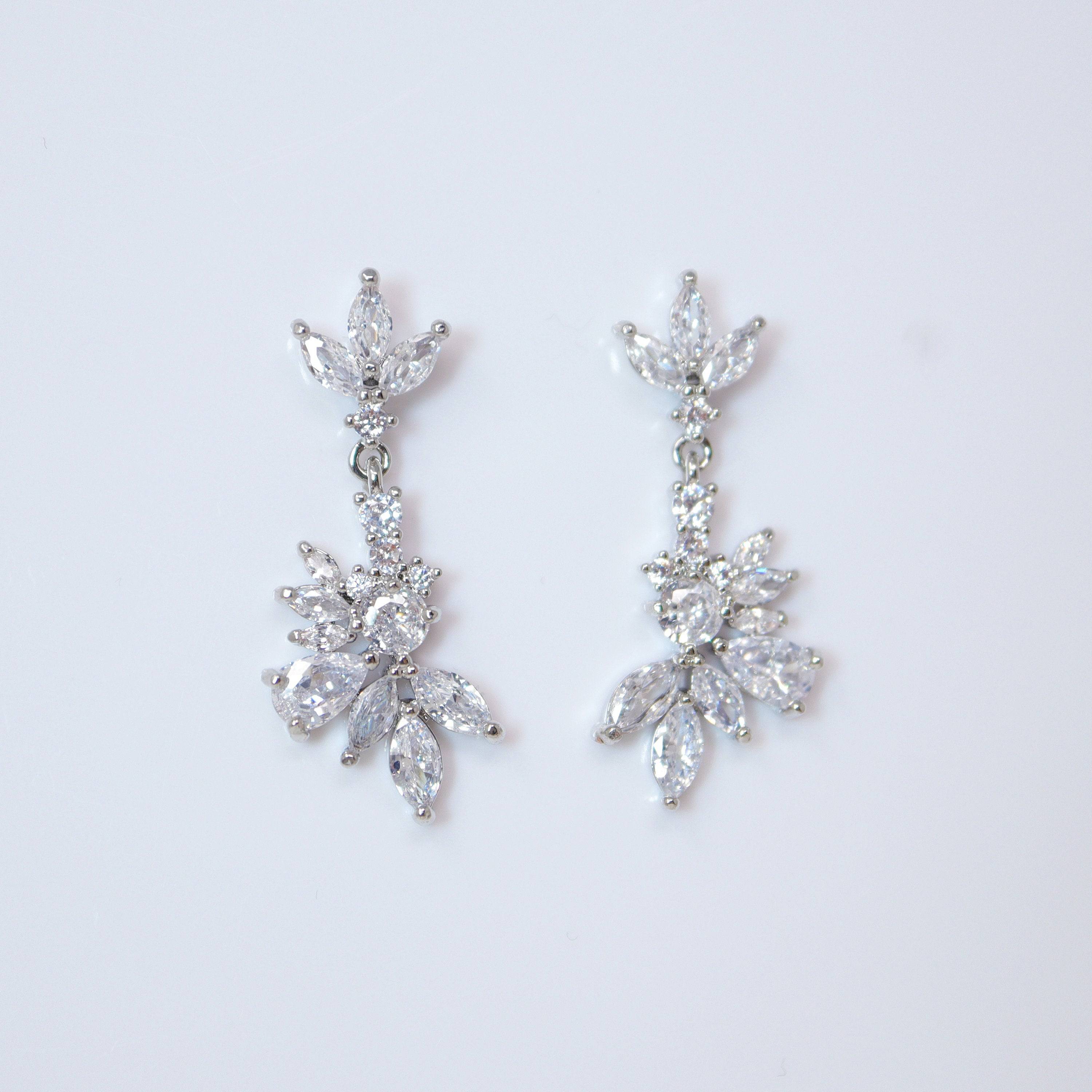 Swarovski Crystal Lotus Leaves Flower Dainty Earrings, Bridal Jewelry, Bridal Earrings, Crystal Bridal Earrings, Statement Earrings Cz