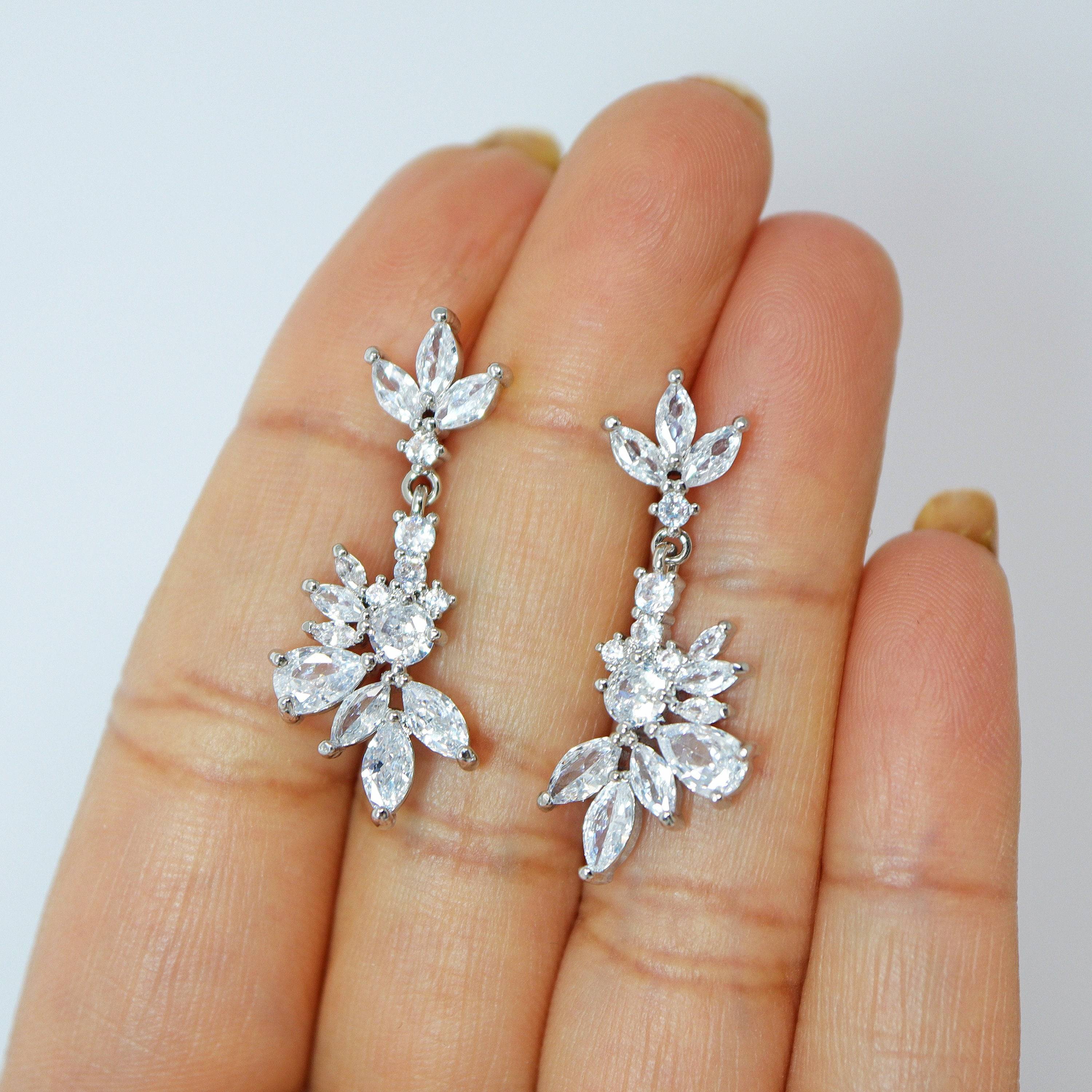 Swarovski Crystal Lotus Leaves Flower Dainty Earrings, Bridal Jewelry, Bridal Earrings, Crystal Bridal Earrings, Statement Earrings Cz