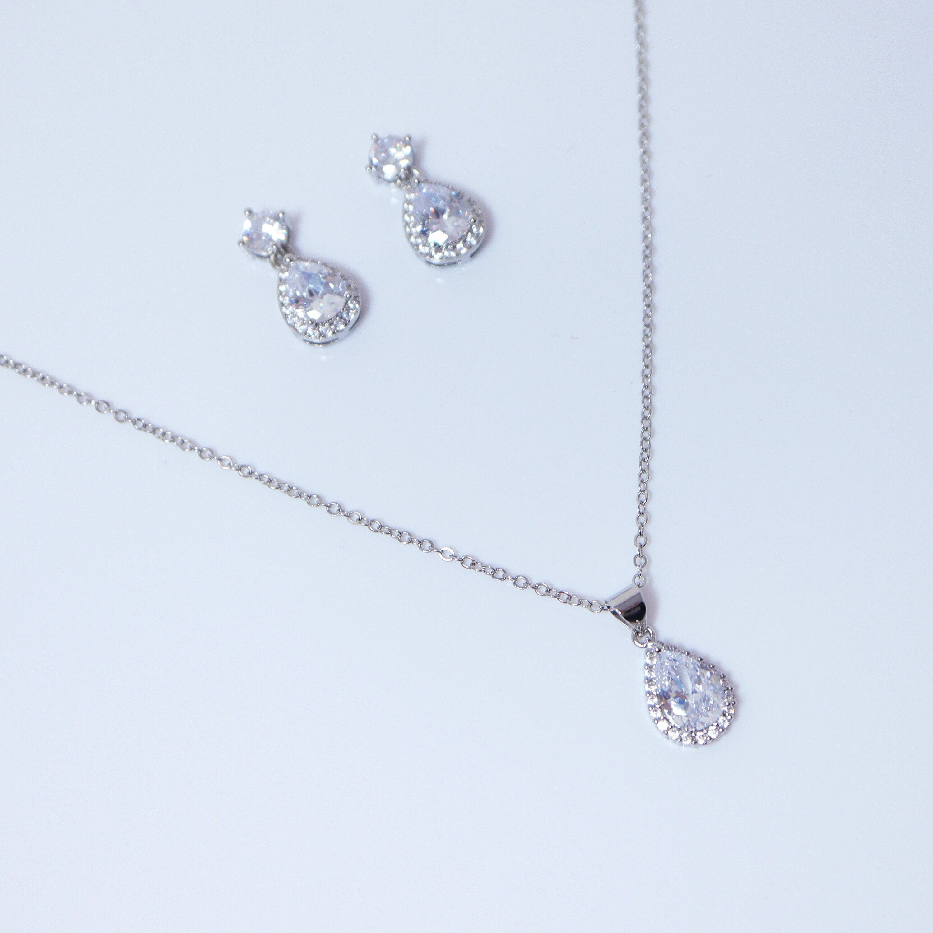 Swarovski Crystal Sterling Silver Dainty Teardrop Necklace And Earrings Set , Bridal Jewelry, Statement Earrings Cz, Necklace Set