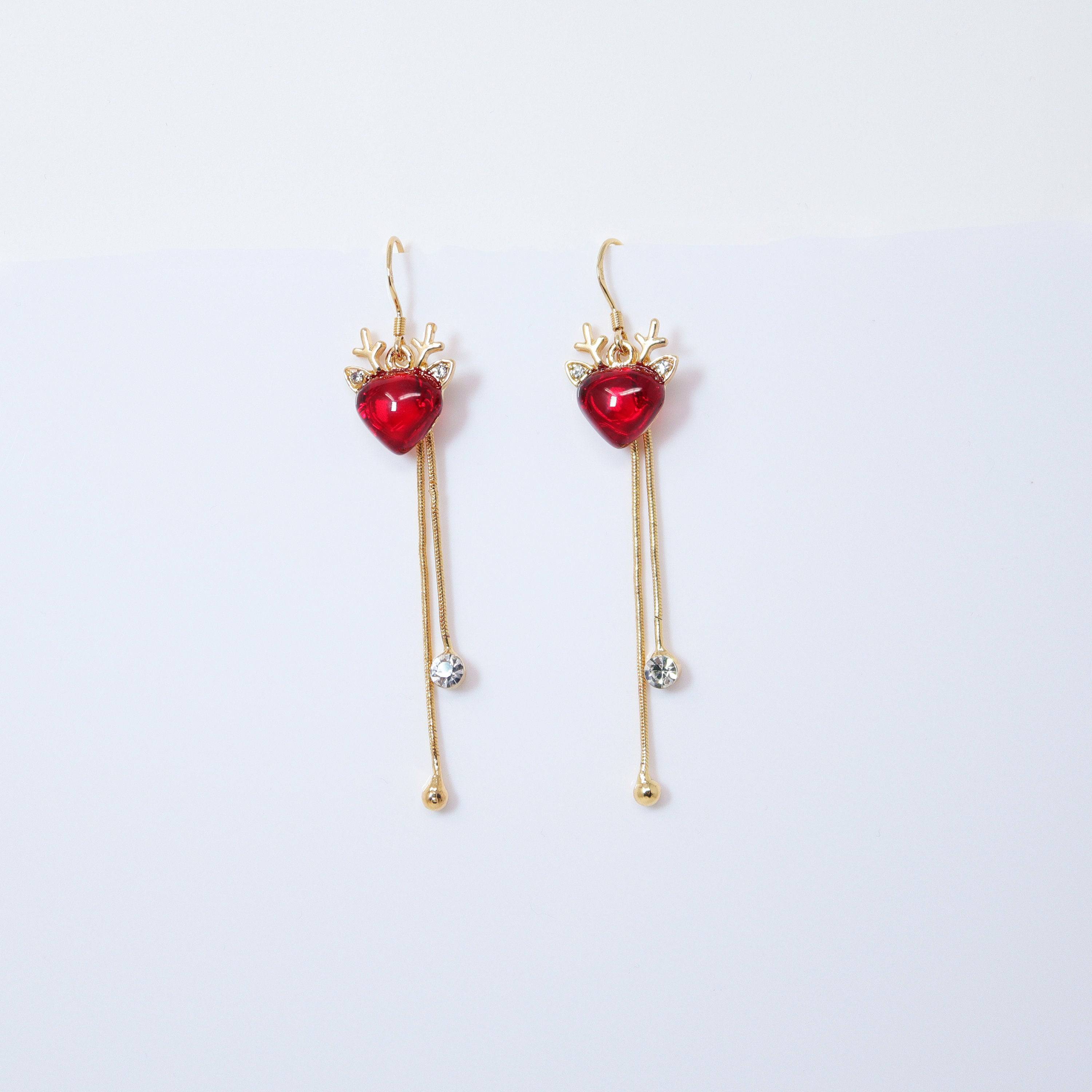 Gold Reindeer's Red Heart Rhinestone tassel Christmas Themed earrings, Long Tassel Christmas Earrings Statement Christmas earrings.