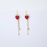 Gold Reindeer's Red Heart Rhinestone tassel Christmas Themed earrings, Long Tassel Christmas Earrings Statement Christmas earrings.