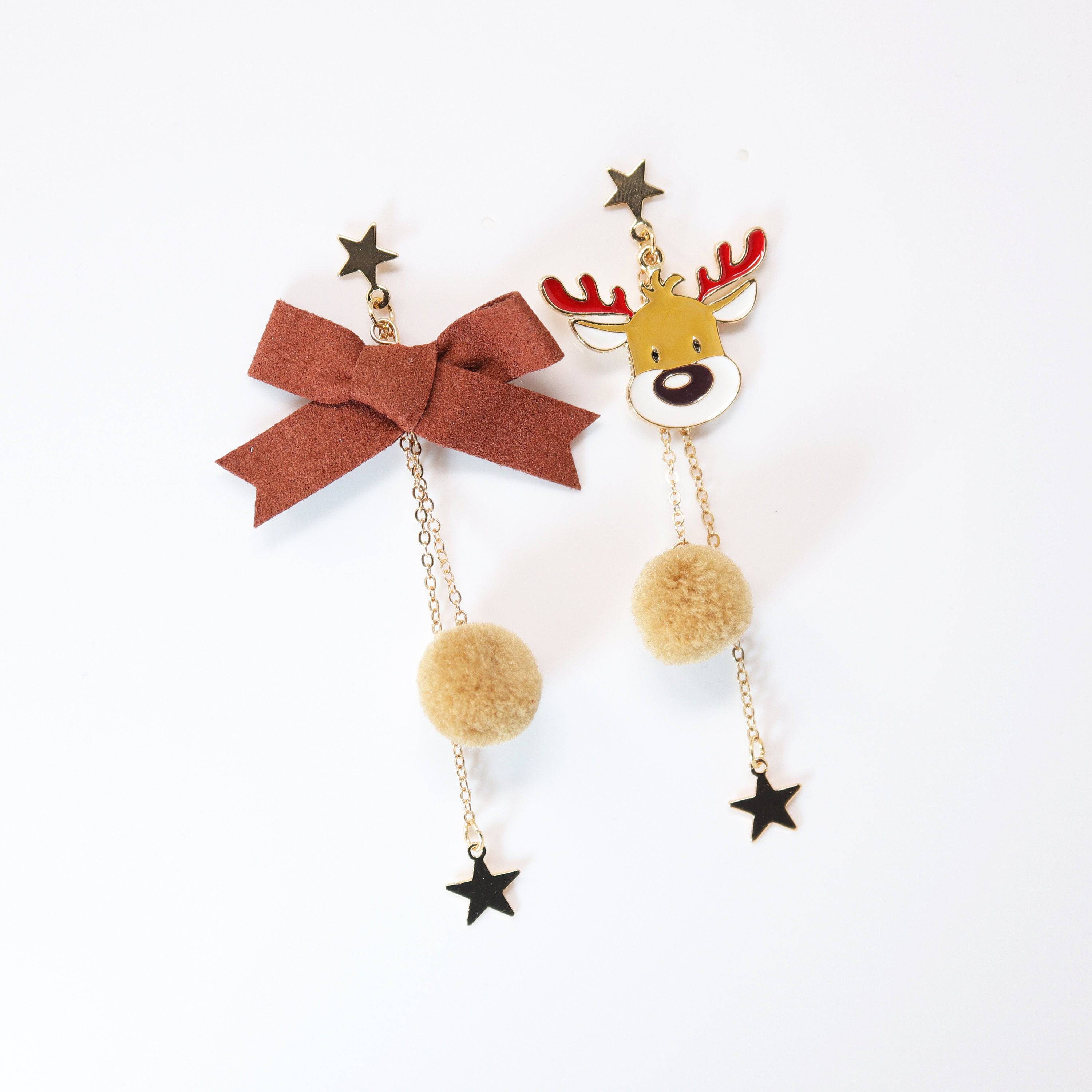 Catching Stars With Reindeer Christmas Themed Beige earrings, Long Tassel Christmas Earrings Statement Christmas earrings.