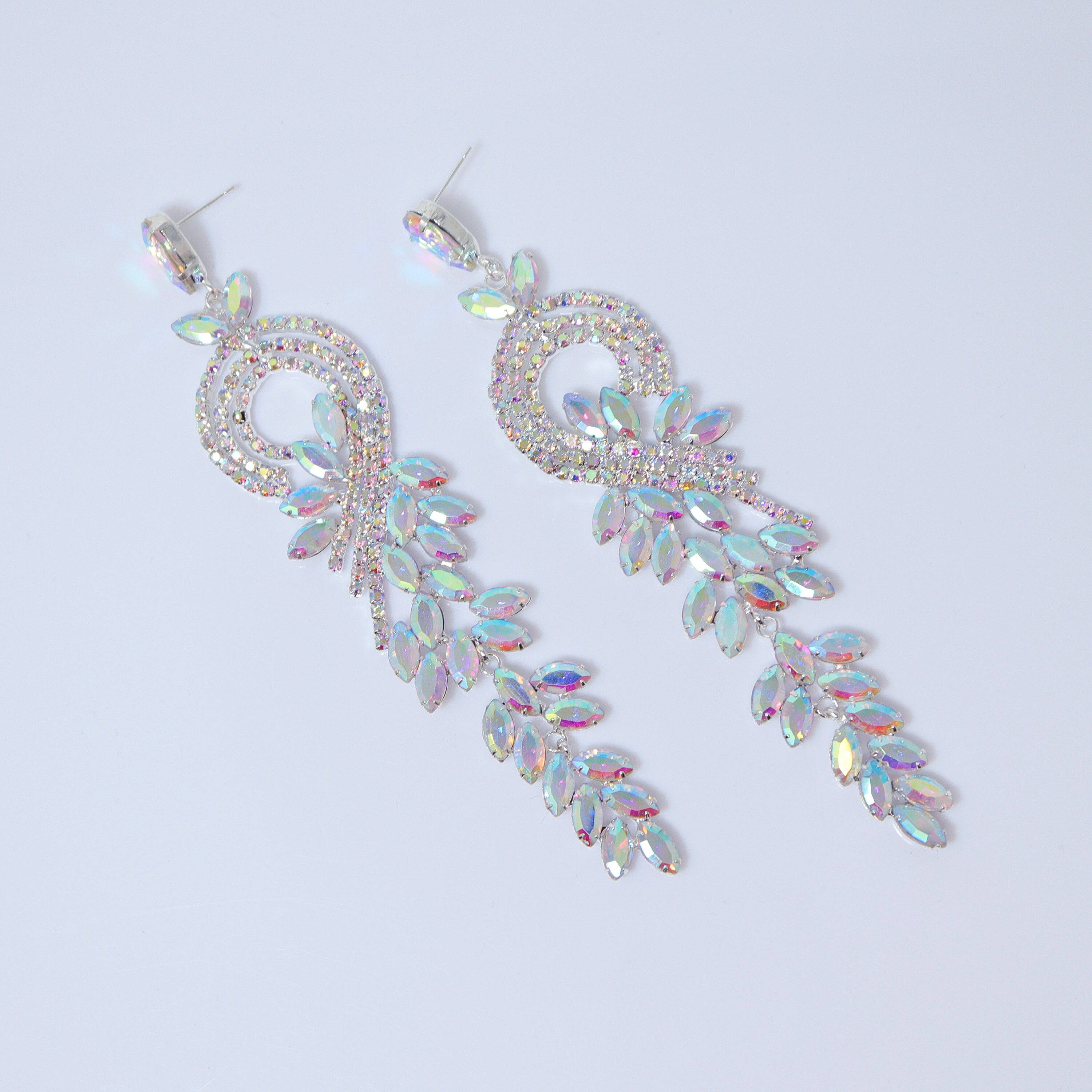 Swarovski AB Crystal Rainbow Bride Earrings, Extra Long Bridal Earrings, Crystal Bridal Earrings, Statement Earrings, Gold Bride Earring.