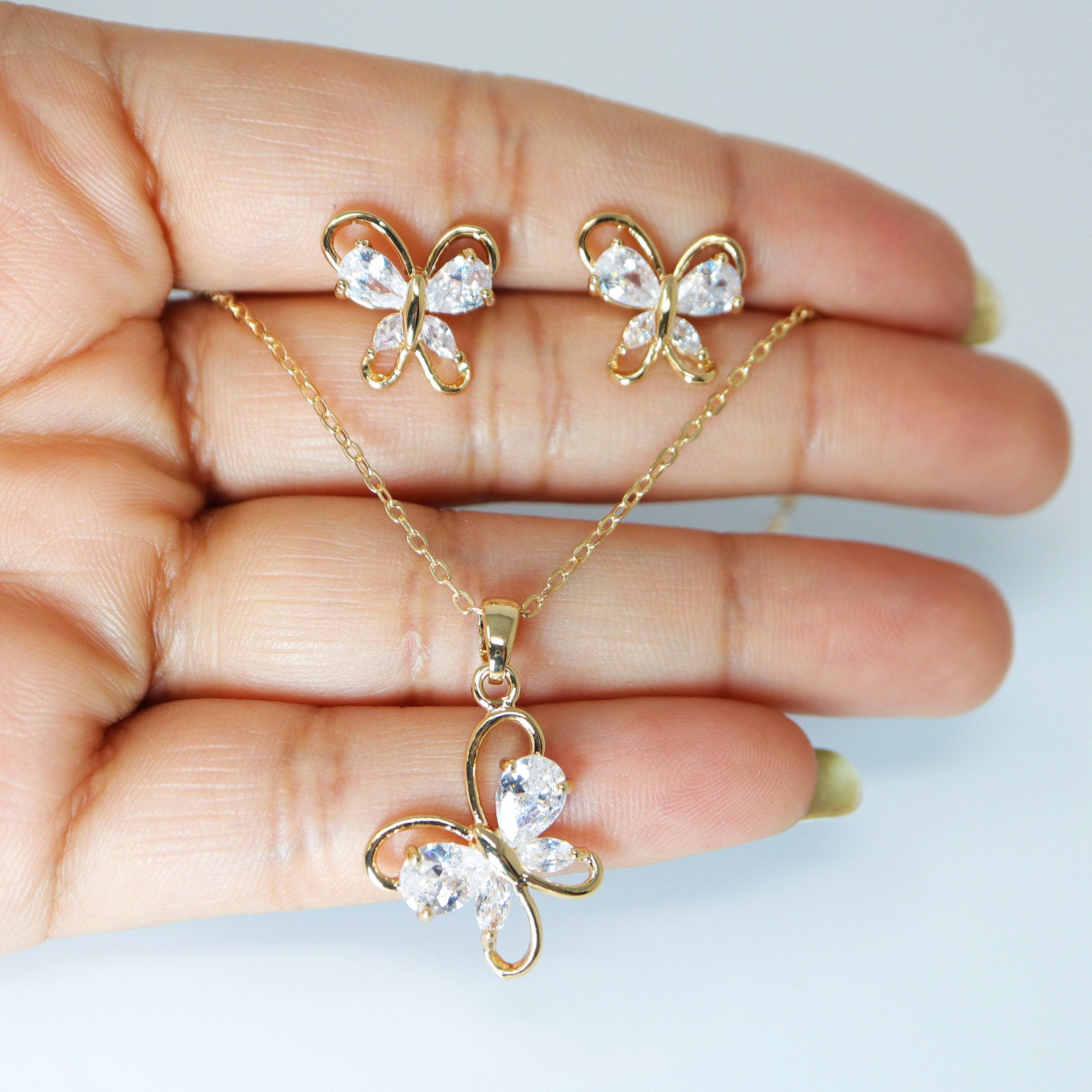 Swarovski Crystal Butterfly Bridal Jewelry, Bridesmaid Earrings And Necklace, Crystal Earrings, Maid Of Honor Gift Cz