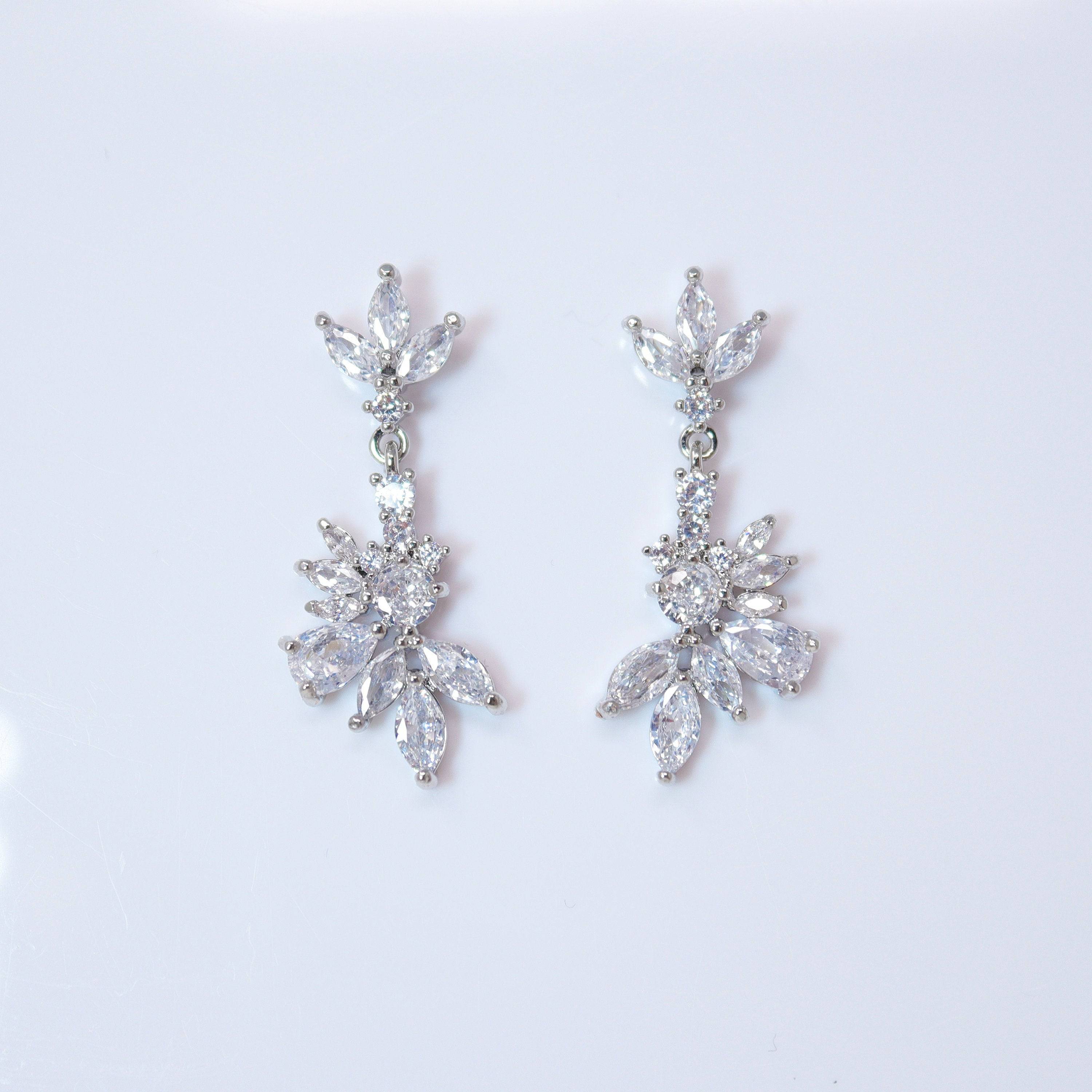 Swarovski Crystal Lotus Leaves Flower Dainty Earrings, Bridal Jewelry, Bridal Earrings, Crystal Bridal Earrings, Statement Earrings Cz