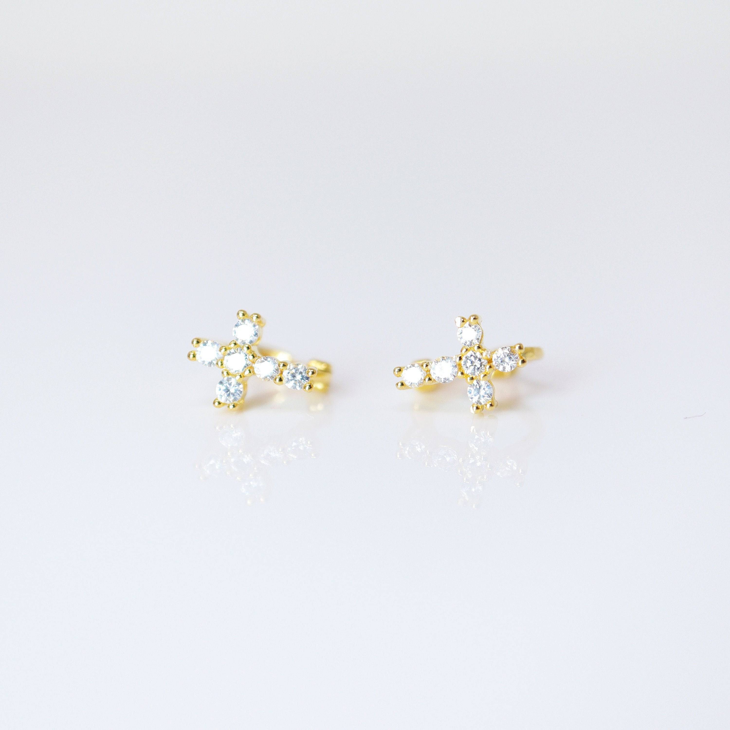 6mm Swarovski Crystal 14k Gold And Sterling Silver Cross Cartilage Hoop Earrings, Statement Earrings, Upper Helix Hoop Earrings.