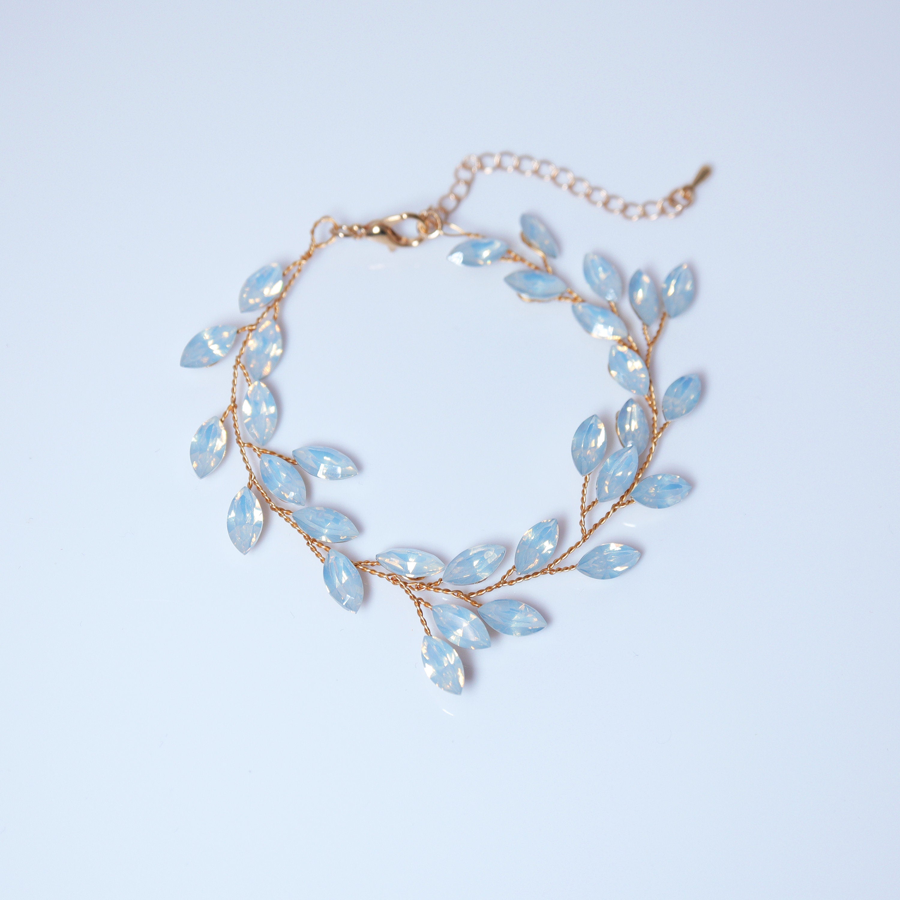 Clear Stone Rhinestone Bracelet, Vine Leaves Bracelet, Statement Bracelet, Opal Bracelet, Gift for her, Custom Gift.