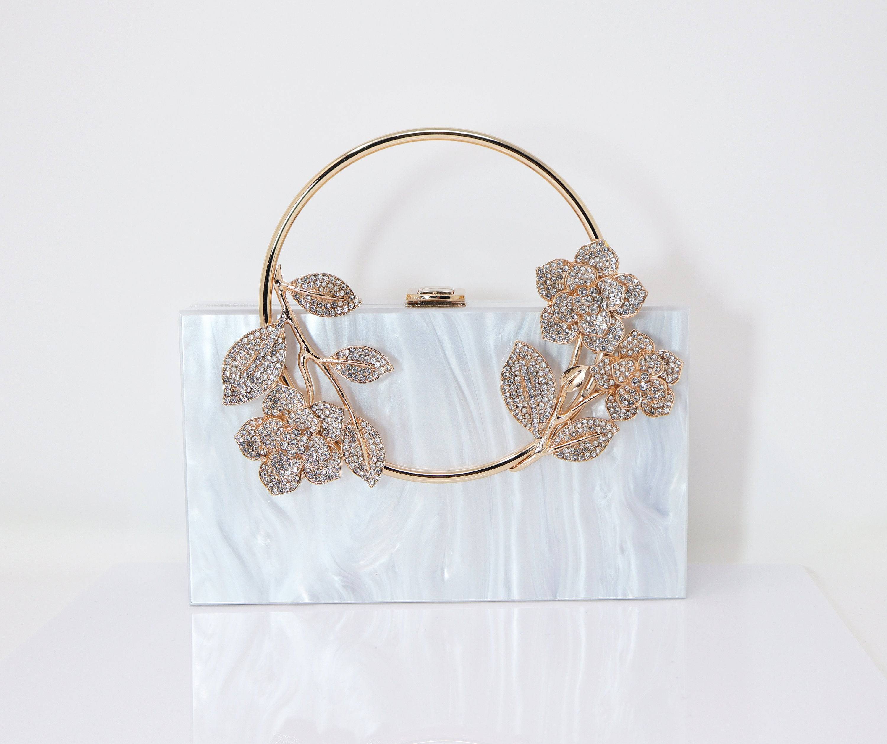 White Gold Floral Acrylic Rhinestones Wedding Bag, Statement Bag, Evening Clutch, Wedding Clutch, Bridal Clutch, Bridal Cross body bag.