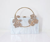 White Gold Floral Acrylic Rhinestones Wedding Bag, Statement Bag, Evening Clutch, Wedding Clutch, Bridal Clutch, Bridal Cross body bag.