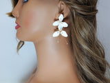 Swarovski Crystal Two White Flower Long Earrings, Long Bridal Jewelry, 925 Sterling Silver, Statement Earrings Cz