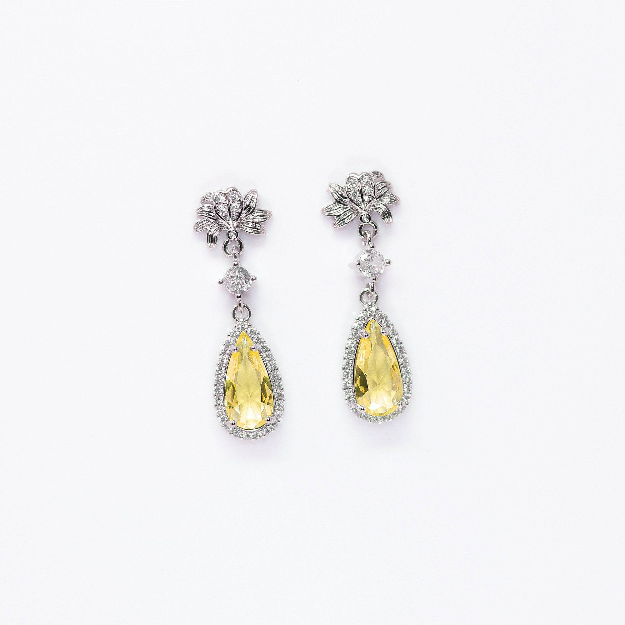 Cubic Zirconia Diamond Lotus Drop Earrings, Bridal Jewelry, Bridal Earrings, Crystal Bridal Earrings, Statement Earrings Cz
