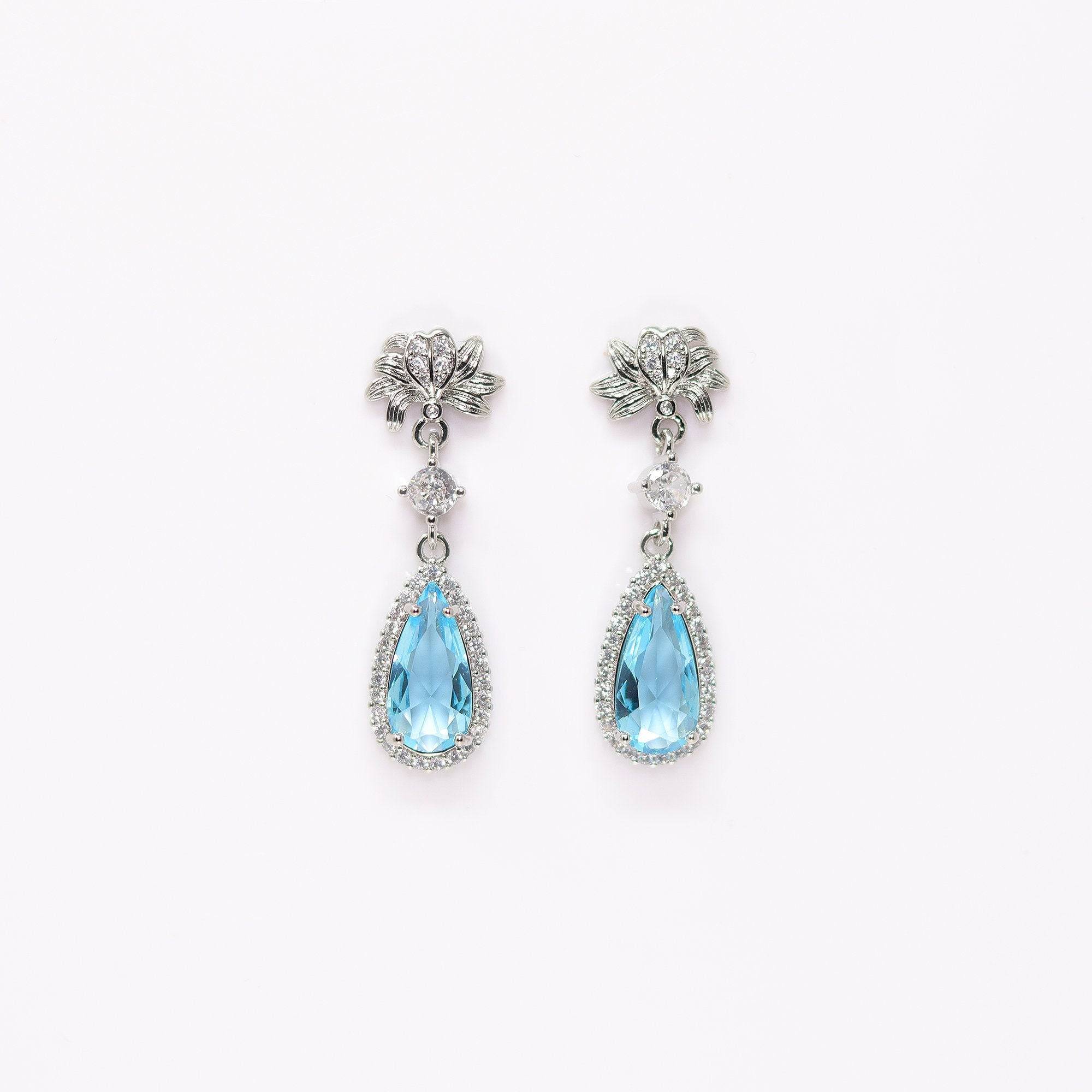 Cubic Zirconia Diamond Lotus Drop Earrings, Bridal Jewelry, Bridal Earrings, Crystal Bridal Earrings, Statement Earrings Cz