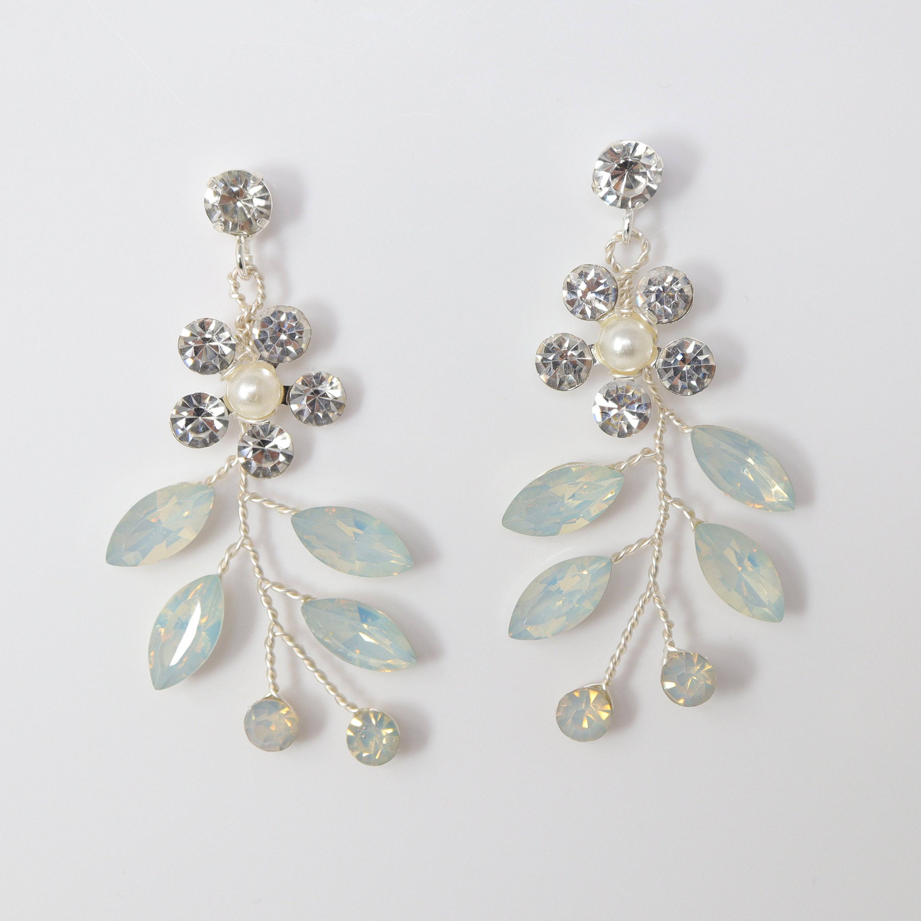 Swarovski Crystal Blue Floral Opal Leaves Earrings, Opal Hair comb Statement Earrings Cz