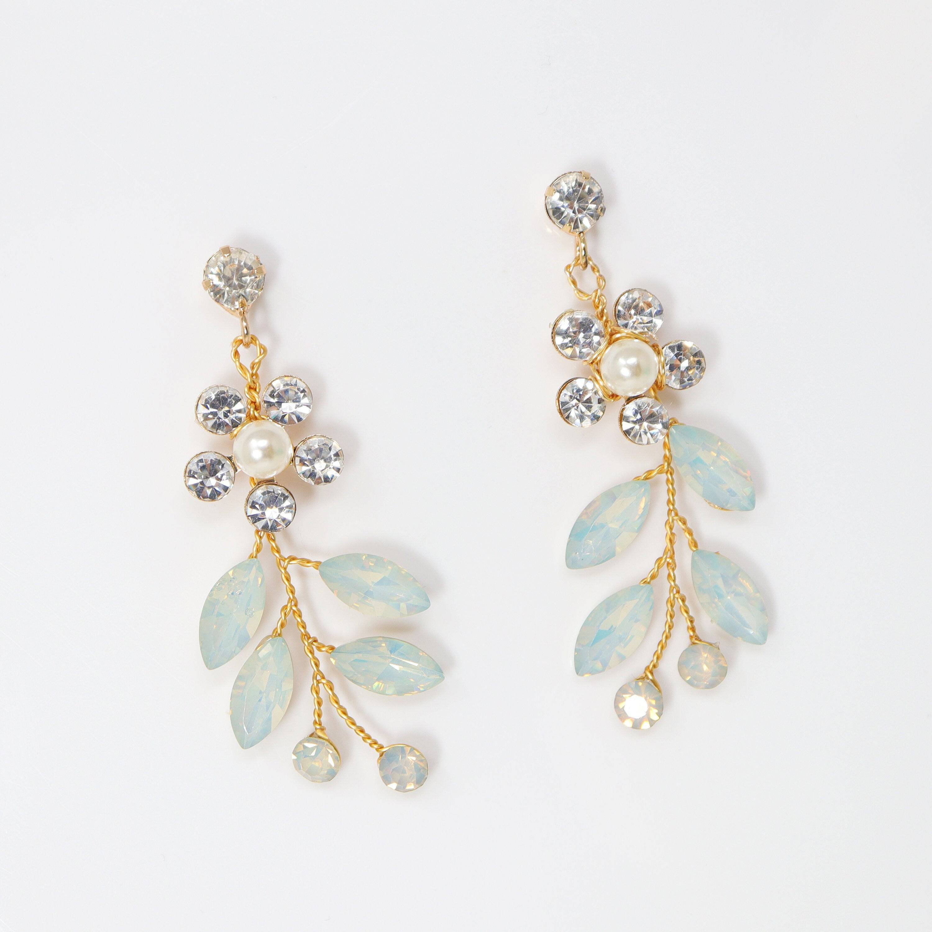 Swarovski Crystal Blue Floral Opal Leaves Earrings, Opal Hair comb Statement Earrings Cz