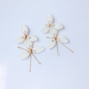 Swarovski Crystal Two White Flower Long Earrings, Long Bridal Jewelry, 925 Sterling Silver, Statement Earrings Cz