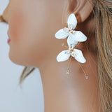 Swarovski Crystal Two White Flower Long Earrings, Long Bridal Jewelry, 925 Sterling Silver, Statement Earrings Cz