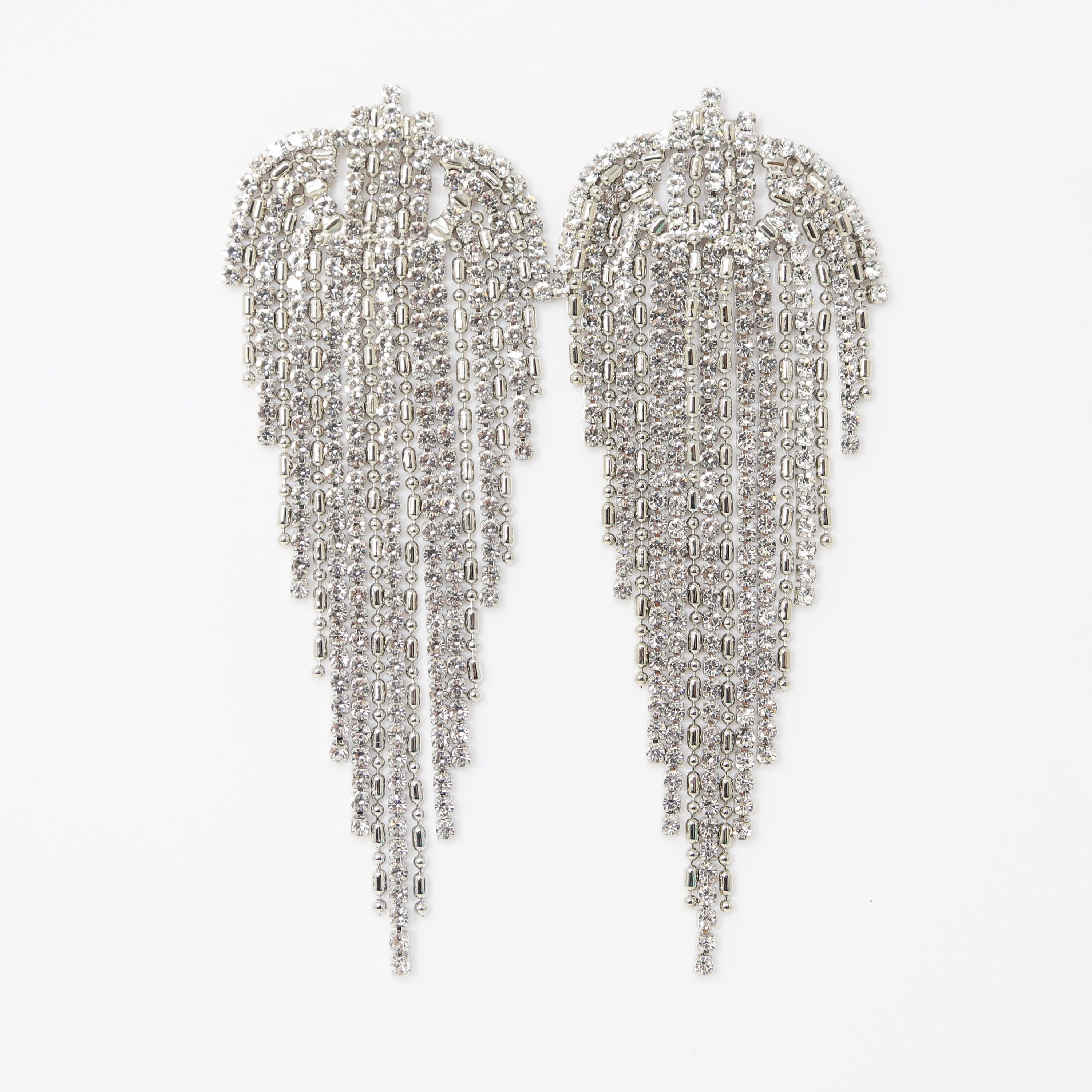 Crystal/Diamond earrings Long Tassel SilverBridal Jewelry Bridal Earrings Crystal Bridal Earrings Statement earrings Cz