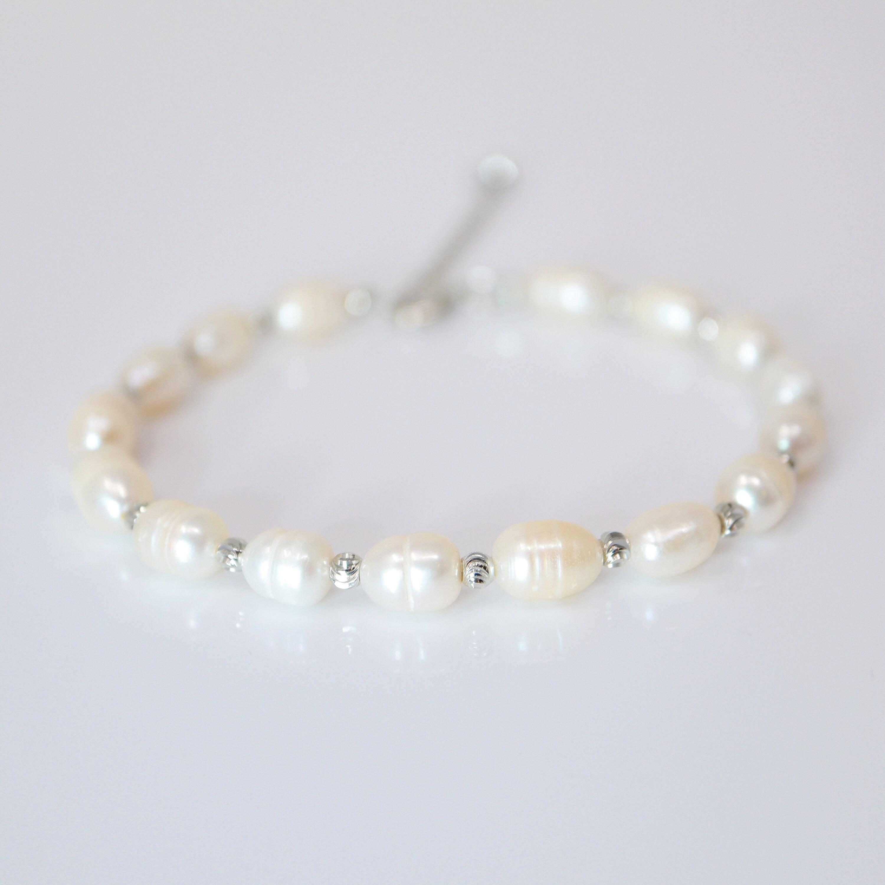 925 Sterling Silver Freshwater Pearl Bracelet (Adjustable Length) Bridal Jewelry, Statement Bracelet, Wedding Gift, Birthday Gift.