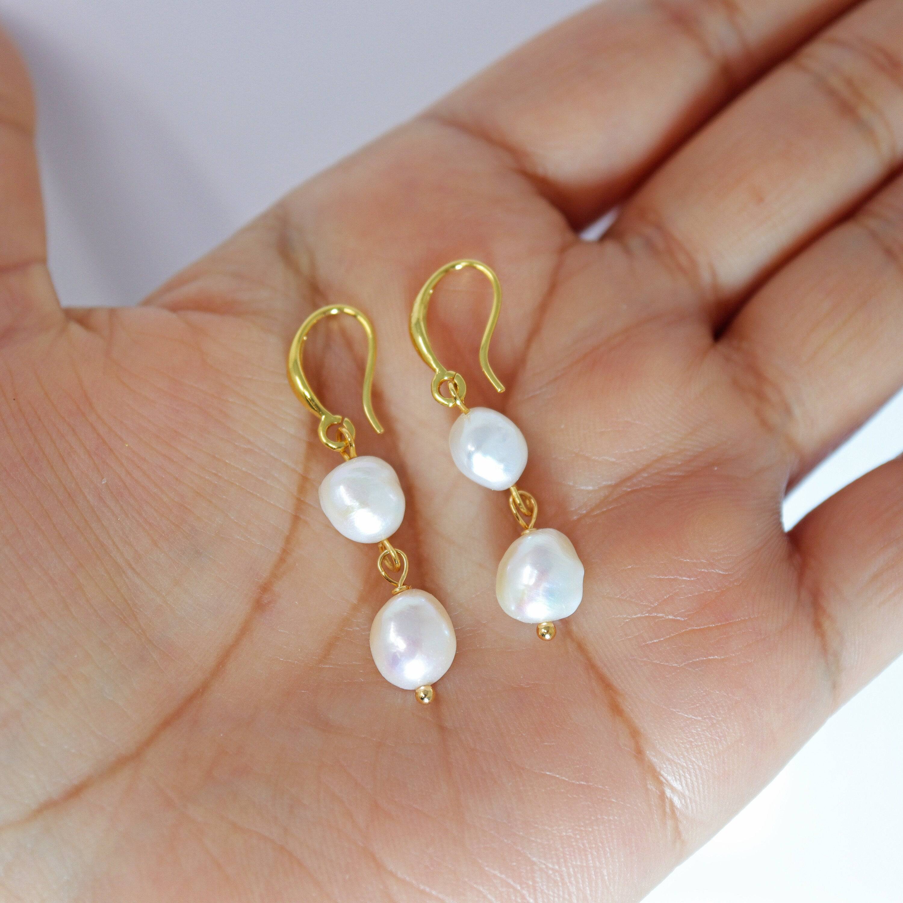 2 Freshwater Cultured pearl Bezel Hook Earrings, Long Bridal Jewelry, Gold Pearl Bridal Earrings, Statement Earrings.
