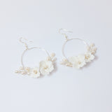 Natural Cultured Pearl Ceramic White Flower Dangle Hoop Earrings, Bridal Jewelry, Pearl Bridal Earrings, Statement DangleEarrings