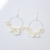 Natural Cultured Pearl Ceramic White Flower Dangle Hoop Earrings, Bridal Jewelry, Pearl Bridal Earrings, Statement DangleEarrings