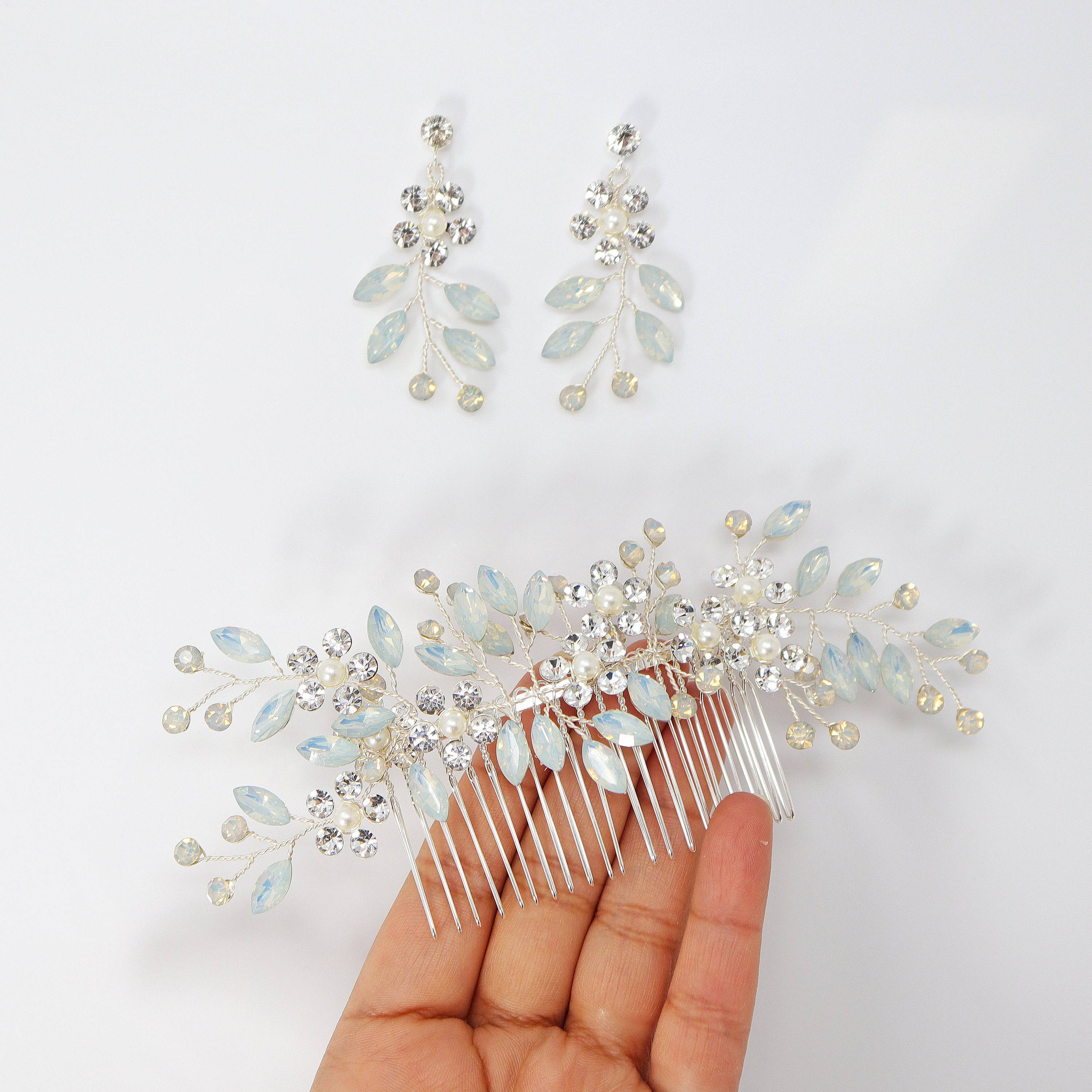 Swarovski Crystal Blue Floral Opal Leaves Earrings, Opal Hair comb Statement Earrings Cz
