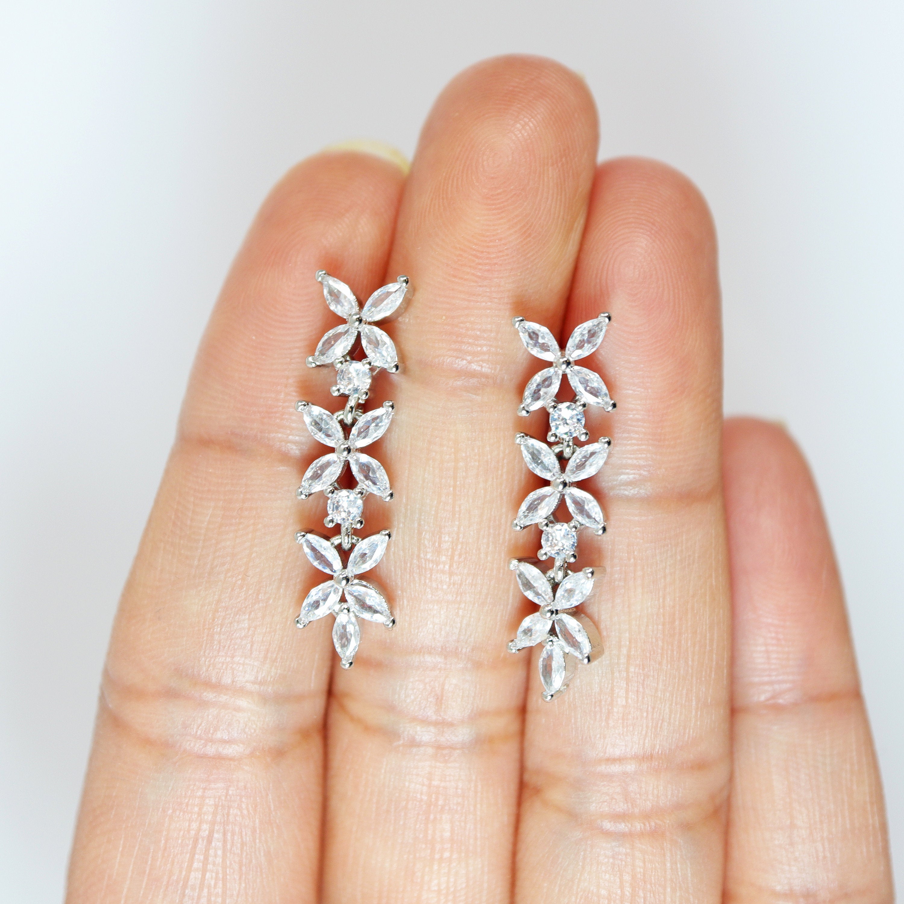 CZ Leafy Sparklers Dainty Earrings, Diamond Leaves Earrings, Long Bridal Jewelry, Bridal Earrings, Crystal Bridal Earrings Cz