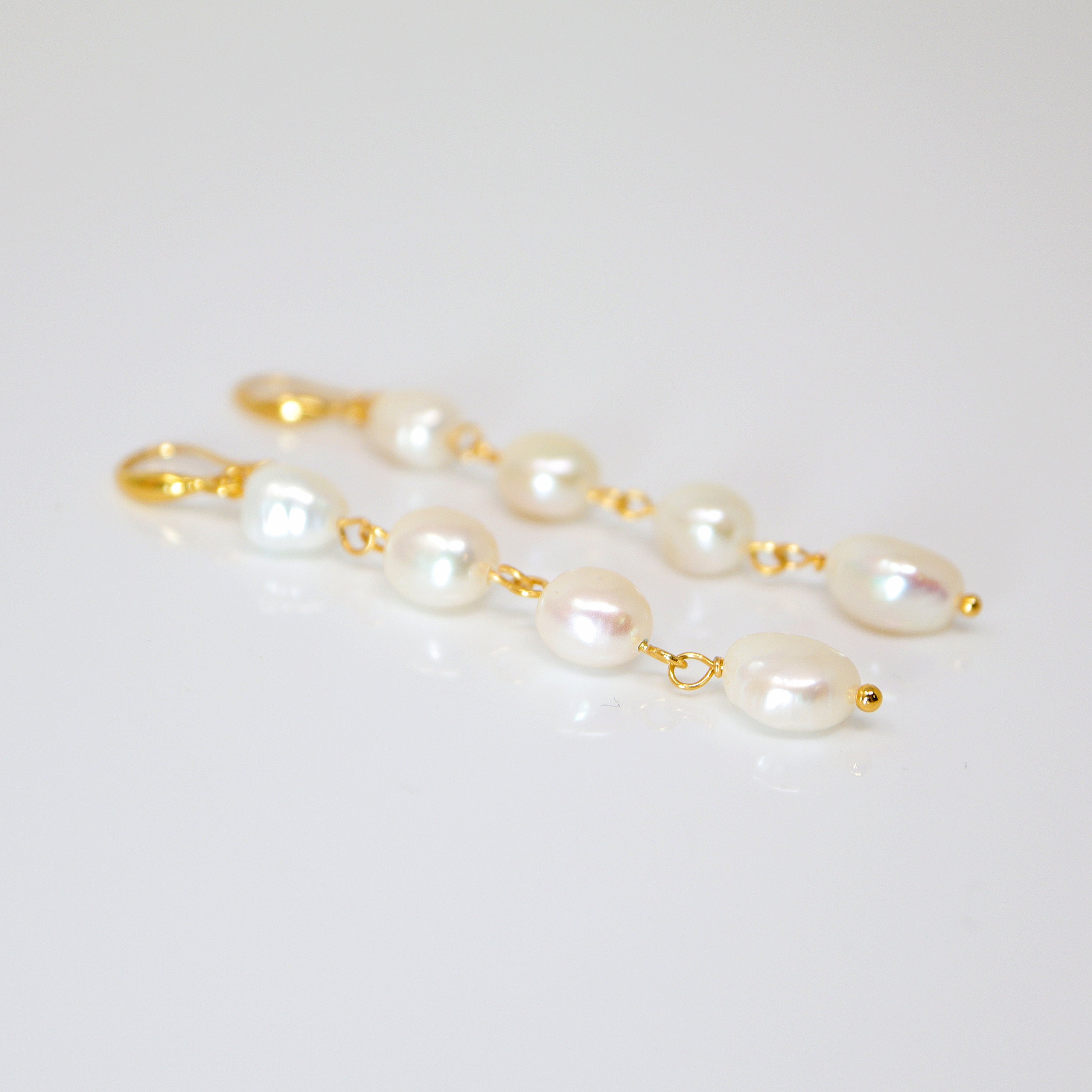 4 Freshwater Cultured pearl Bezel Hook Earrings, Long Bridal Jewelry, Gold Pearl Bridal Earrings, Statement Earrings.