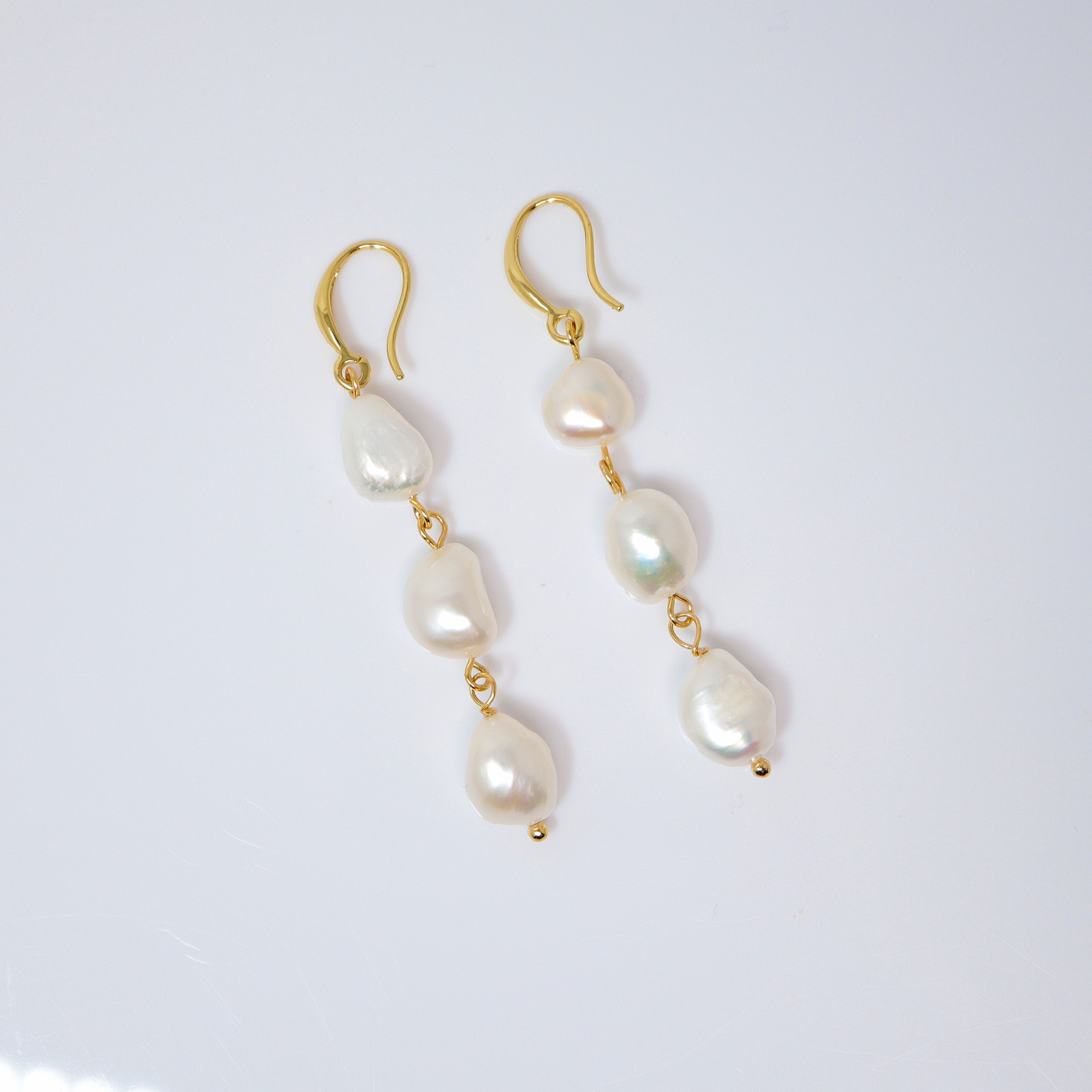 3 Freshwater Cultured pearl Bezel Hook Earrings, Long Bridal Jewelry, Gold Pearl Bridal Earrings, Statement Earrings.