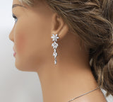 Delicate Flower Vine CZ Bridal Jewelry Set, Long Bridal Jewelry, Bridal Earrings And Necklace, Statement Earrings Cz Necklace Set.