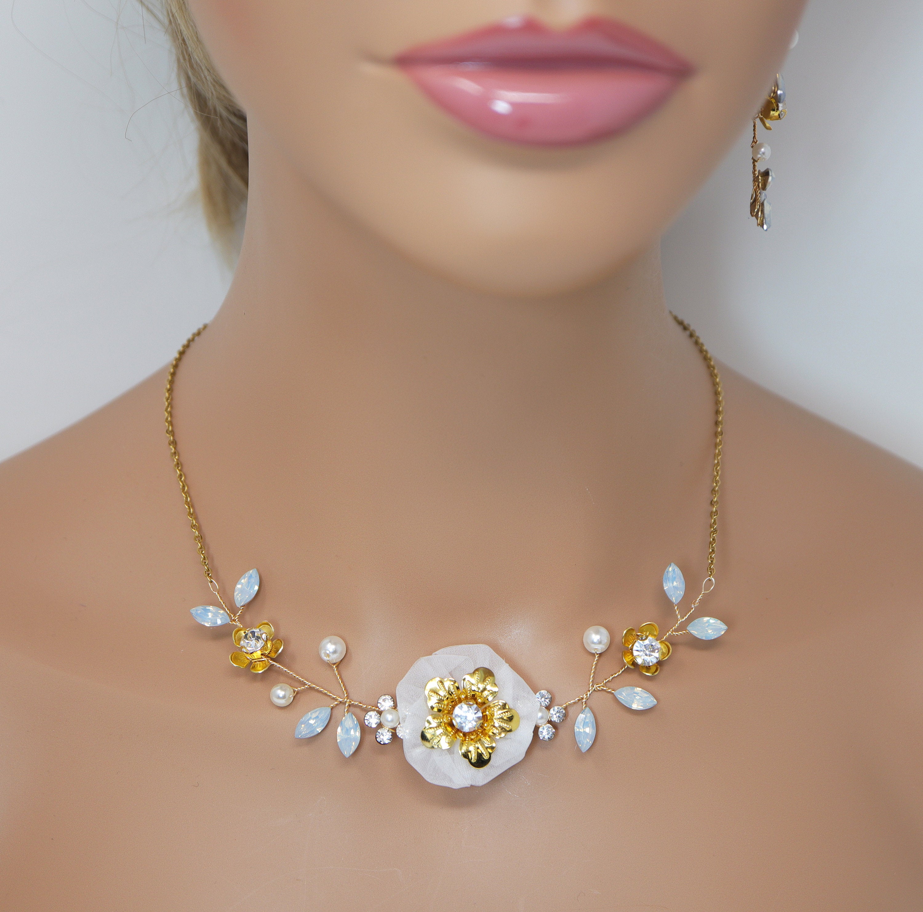 Swarovski Gold Opal Flower Crystal Necklace set , Long Bridal Jewelry Crystal Necklace Bridal Earrings Statement Earrings