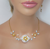 Swarovski Gold Opal Flower Crystal Necklace set , Long Bridal Jewelry Crystal Necklace Bridal Earrings Statement Earrings