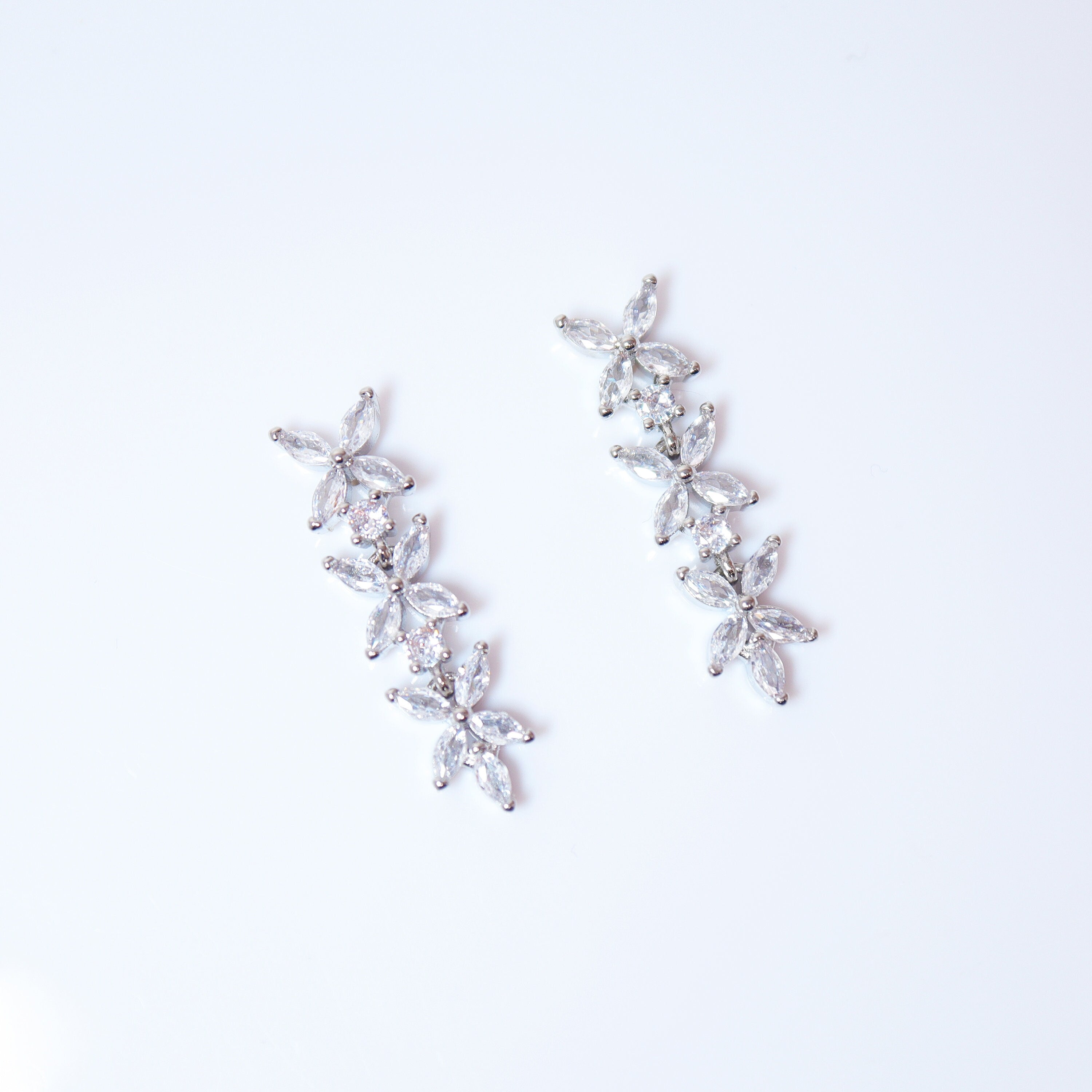 CZ Leafy Sparklers Dainty Earrings, Diamond Leaves Earrings, Long Bridal Jewelry, Bridal Earrings, Crystal Bridal Earrings Cz
