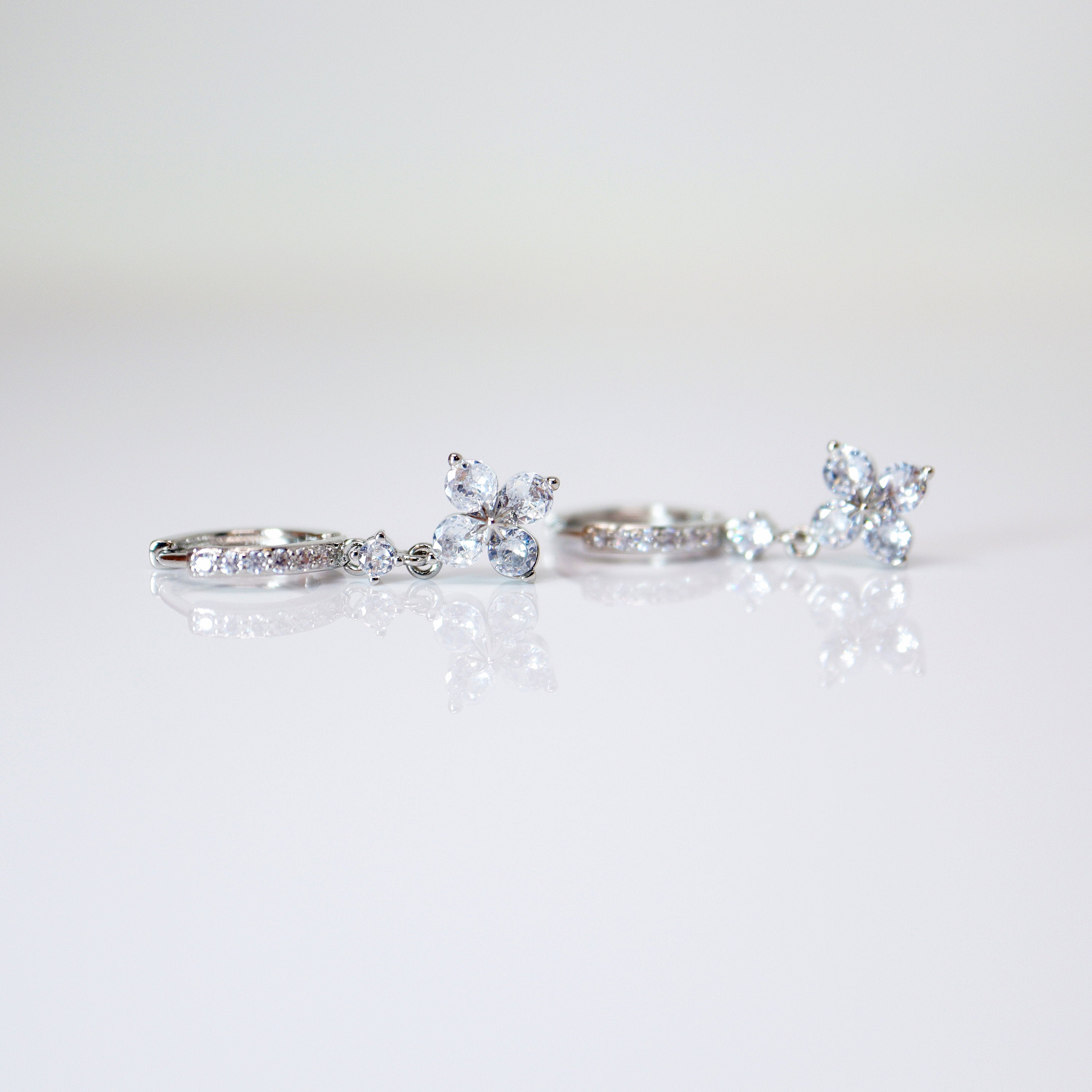 CZ Four Leaf Clover Drop Hoop Earrings, Swarovski Crystal Earrings, Statement Earrings, Rhinestones Hoop Earrings.