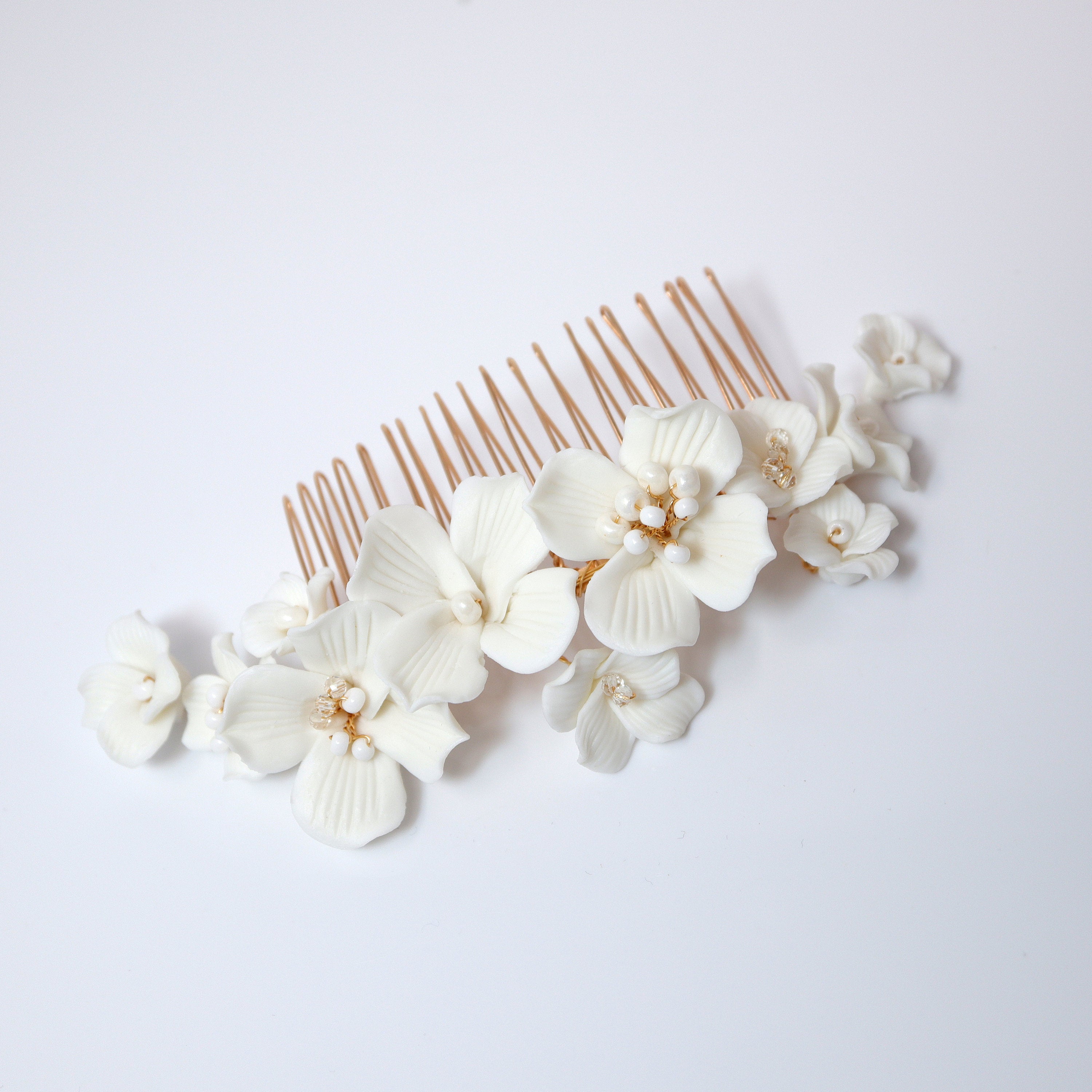 Ceramic White flower Flowers Pearl Jewelry Set, Bridal Hair piece, Bridal Hair Accessories, Wedding Hair Accessory.