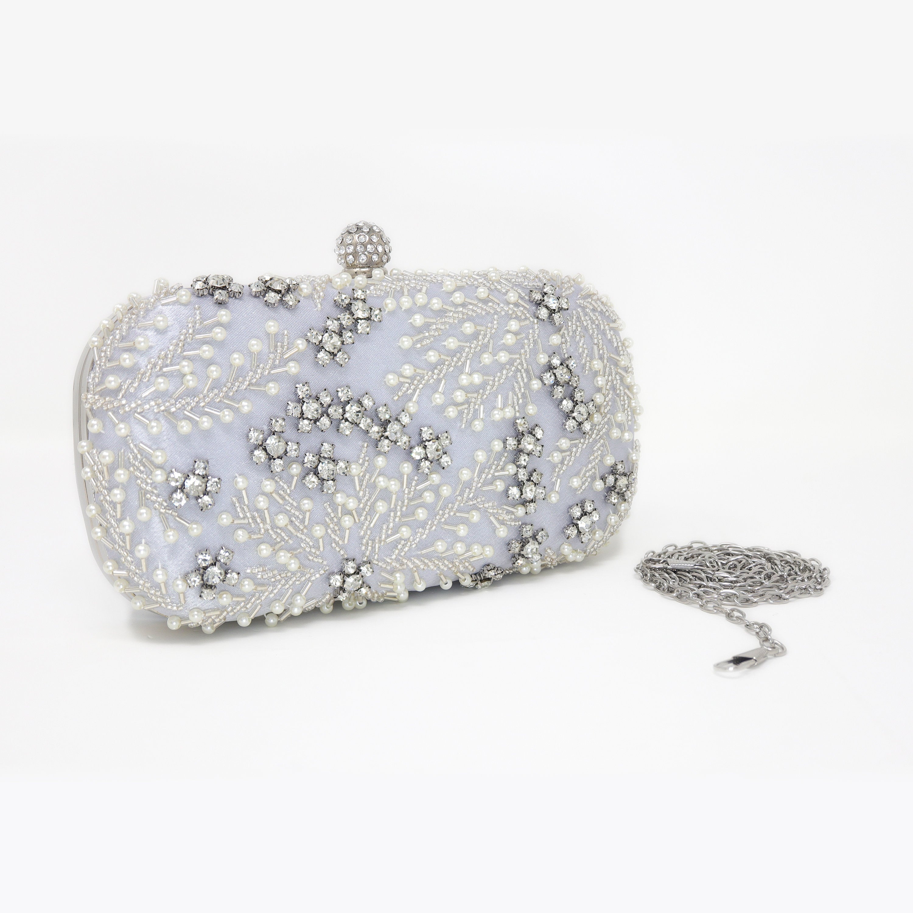Silver Crystal Leaves and Pearl Beads Embroidered Wedding Clutch, Evening Clutch, Wedding Clutch, Bridal Bag, Beige Cross Body Bag