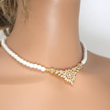Swarovski Crystal V-Shape Flower and Pearl Statement Diamond/Crystal Necklace Set, Bridal Necklace Set, Bridal Jewelry, Statement Necklace